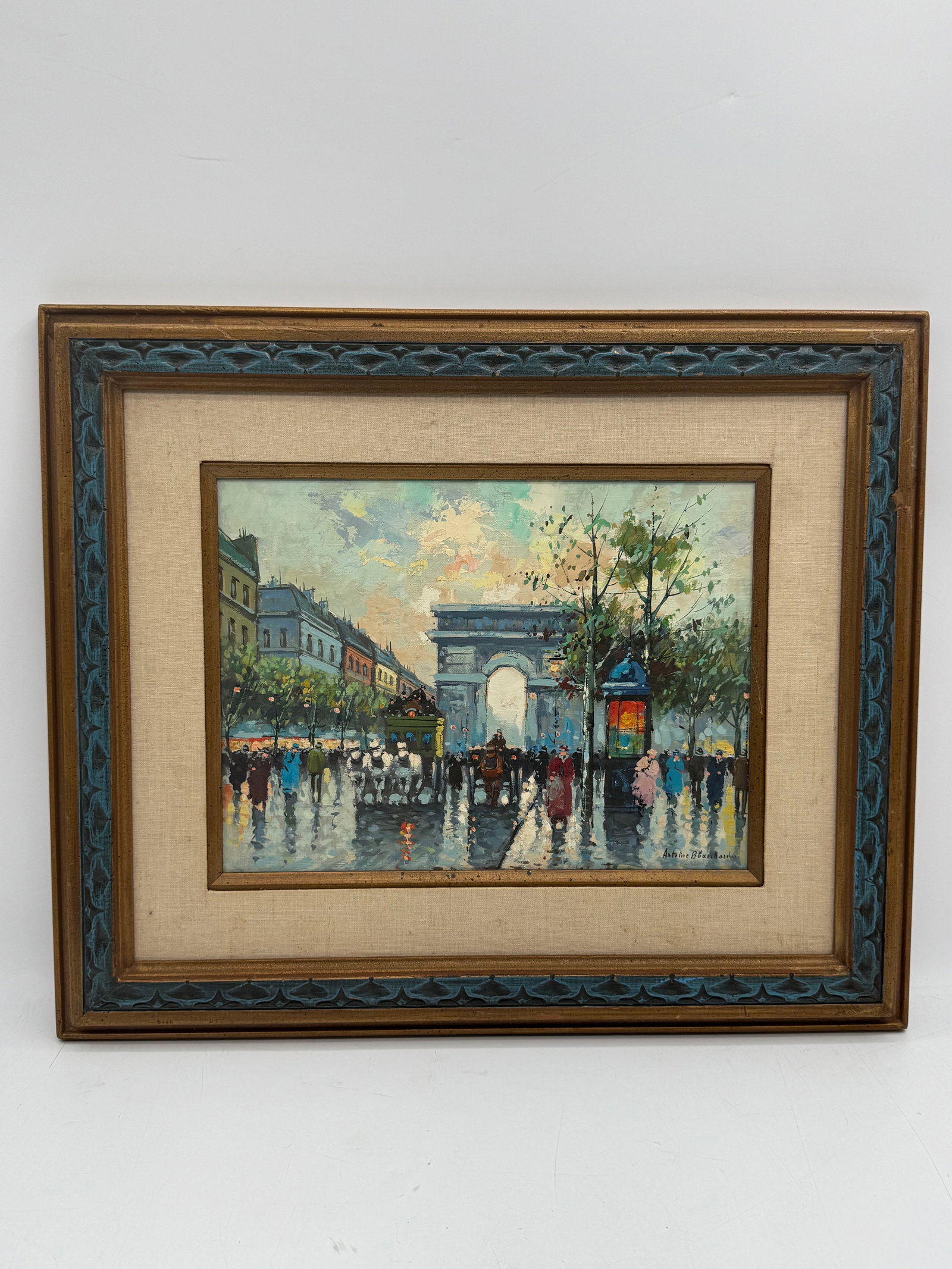 "Champs-Élysées" by Antoine Blanchard (France, 1910-1988) Oil on Canvas: Description: Oil on canvas painting by Antoine Blanchard (1910-1988), depicting a Parisian street scene with the Arc de Triomphe. Signed lower right. Medium: Oil on canvas Dimensions: