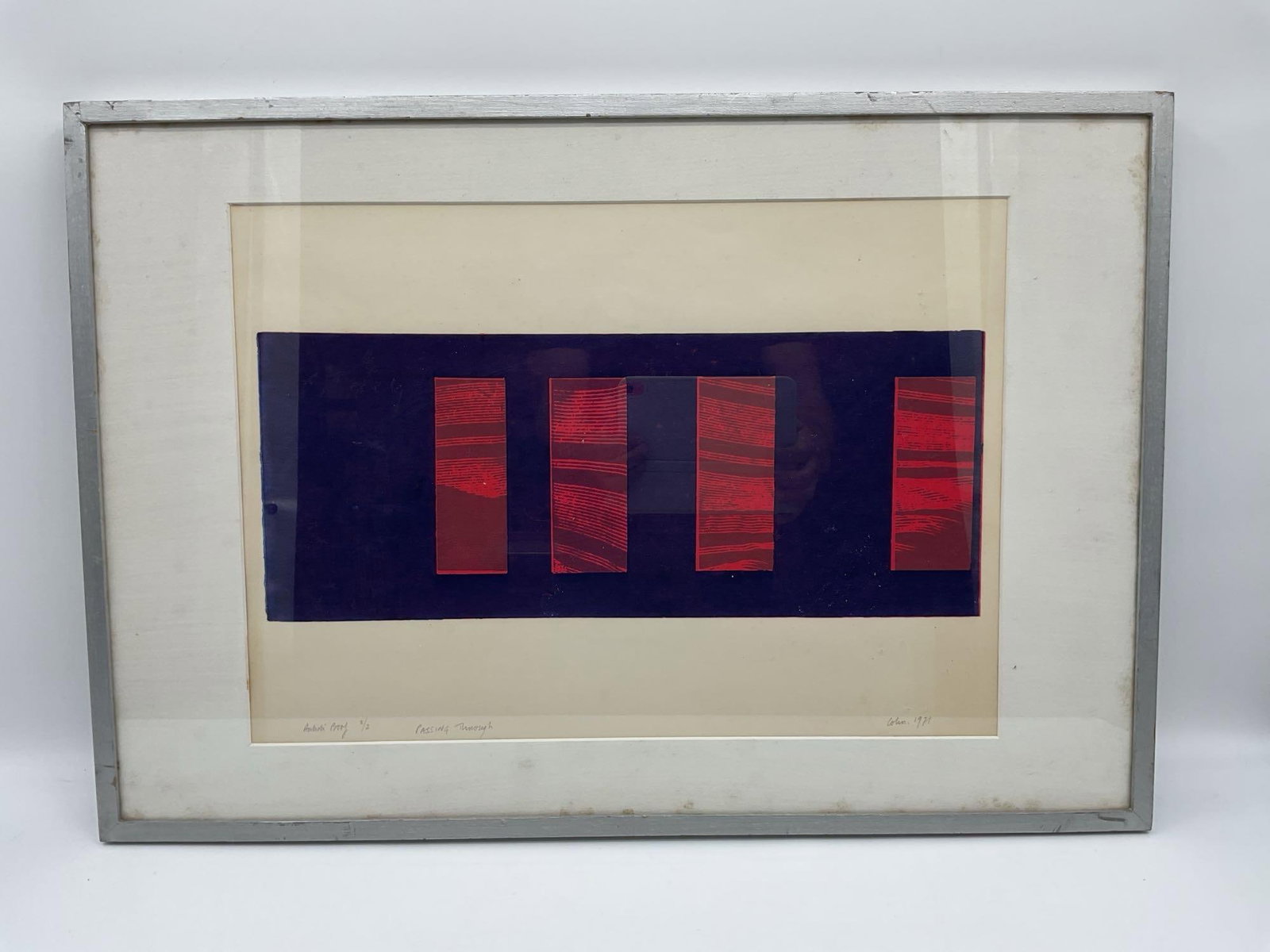 "Passing Through" Abstract Screen Print by Cohn: Contemporary abstract print titled Passing Through, featuring a composition of four vertical red panels with linear waveforms on a deep blue background. Editioned 3/5 and hand-signed with the year 197