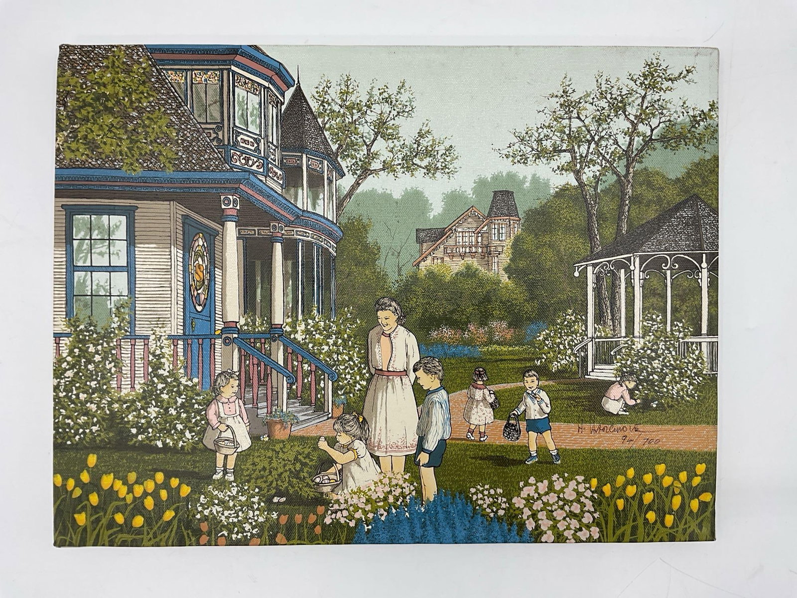 Spring Afternoon by H. Hargrove GIclee: Charming limited edition print depicting children and a mother enjoying a spring day outside a Victorian home and garden gazebo. The scene captures nostalgic Americana with detailed floral elements an