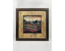Framed Tuscan Landscape Print - Unknown Artist: This is a framed decorative art print depicting a Tuscan-style countryside with rolling hills, vineyard rows, tall cypress trees, and a farmhouse near a water body. The artwork features earthy tones w