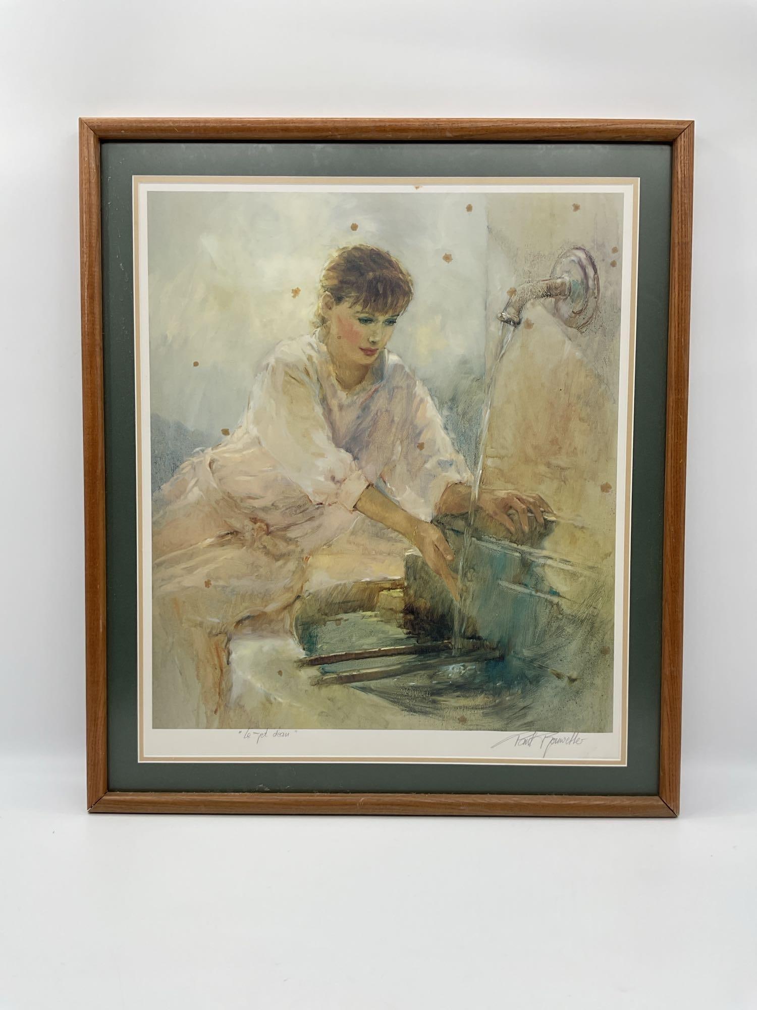 To Cool Down Vintage Lithograph: This serene limited edition print titled "To Cool Down" by artist Tod Arnett captures a quiet moment of reflection. A young woman dressed in soft white attire leans over a basin, hands under