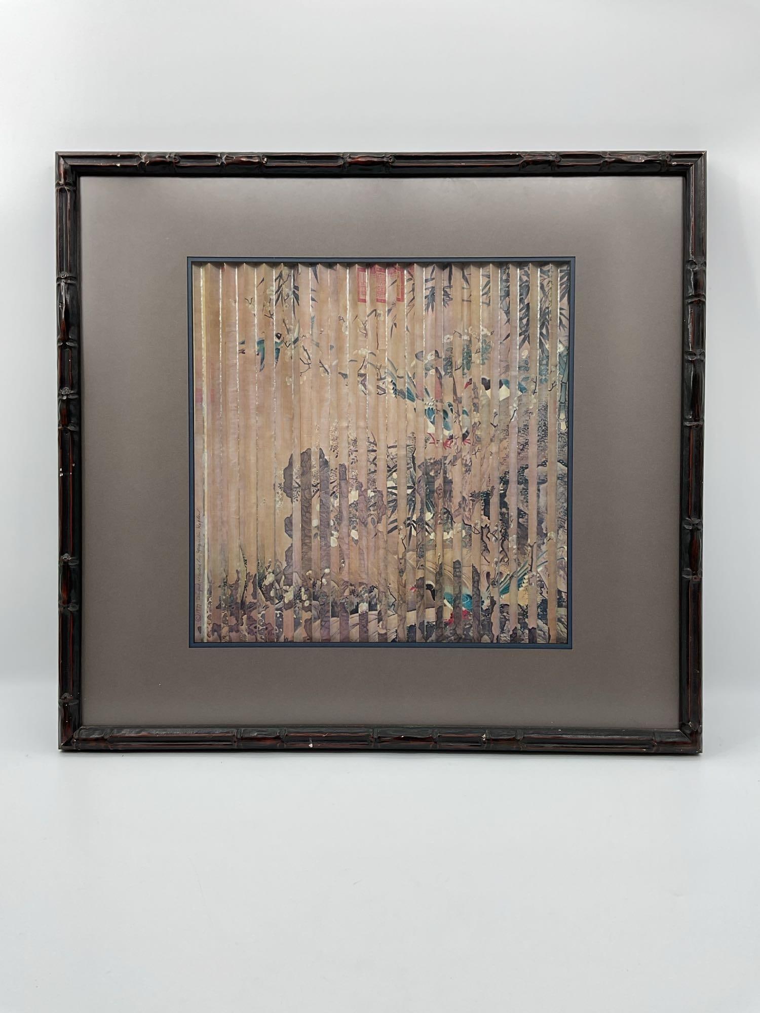 Chinese Lenticular-Style Folded Print with Birds and Foliage: This intriguing framed artwork features a traditional Chinese painting of birds perched on flowering branches, partially obscured by a pleated or accordion-style lenticular fold. The vertical folds cr
