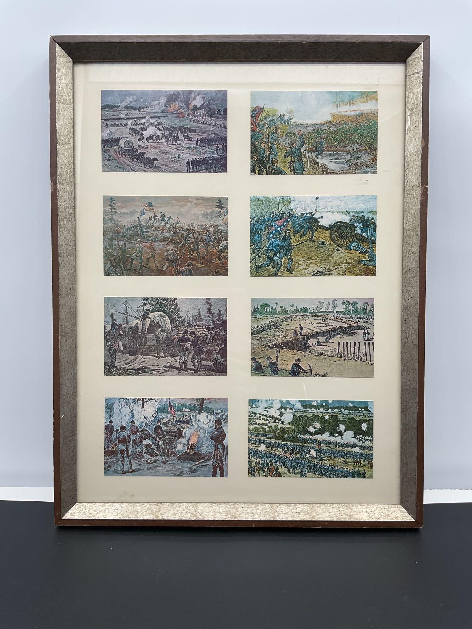 Framed Civil War Battle Scene Prints Collage: This is a framed collage of eight Civil War battle scenes, likely reproductions of historical lithographs or illustrations. The images depict key moments from battles, including infantry and artillery