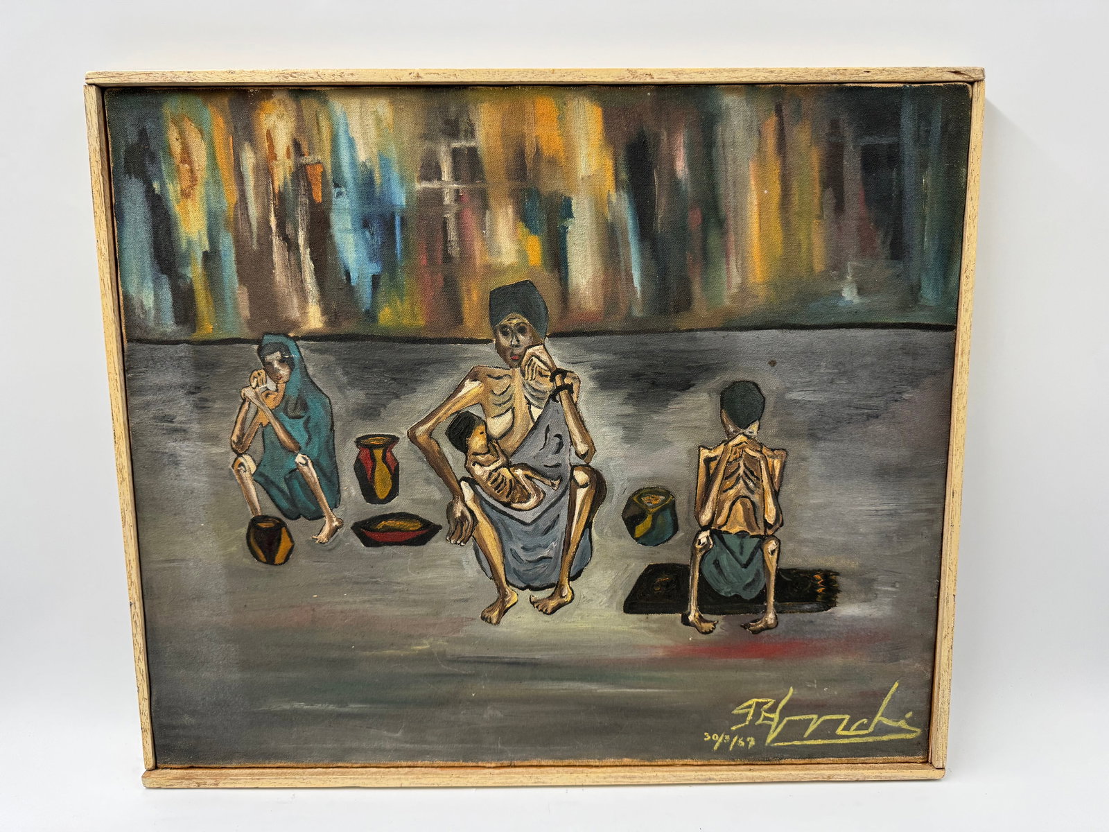 Signed Figurative Painting by Panchi (Ecuador) Oil on Canvas: Figurative painting in the style of B. Lurie, depicting figures in a desolate setting. Signed lower right and dated 30/3/67. Framed. Dimensions: 25 x 21 inches.