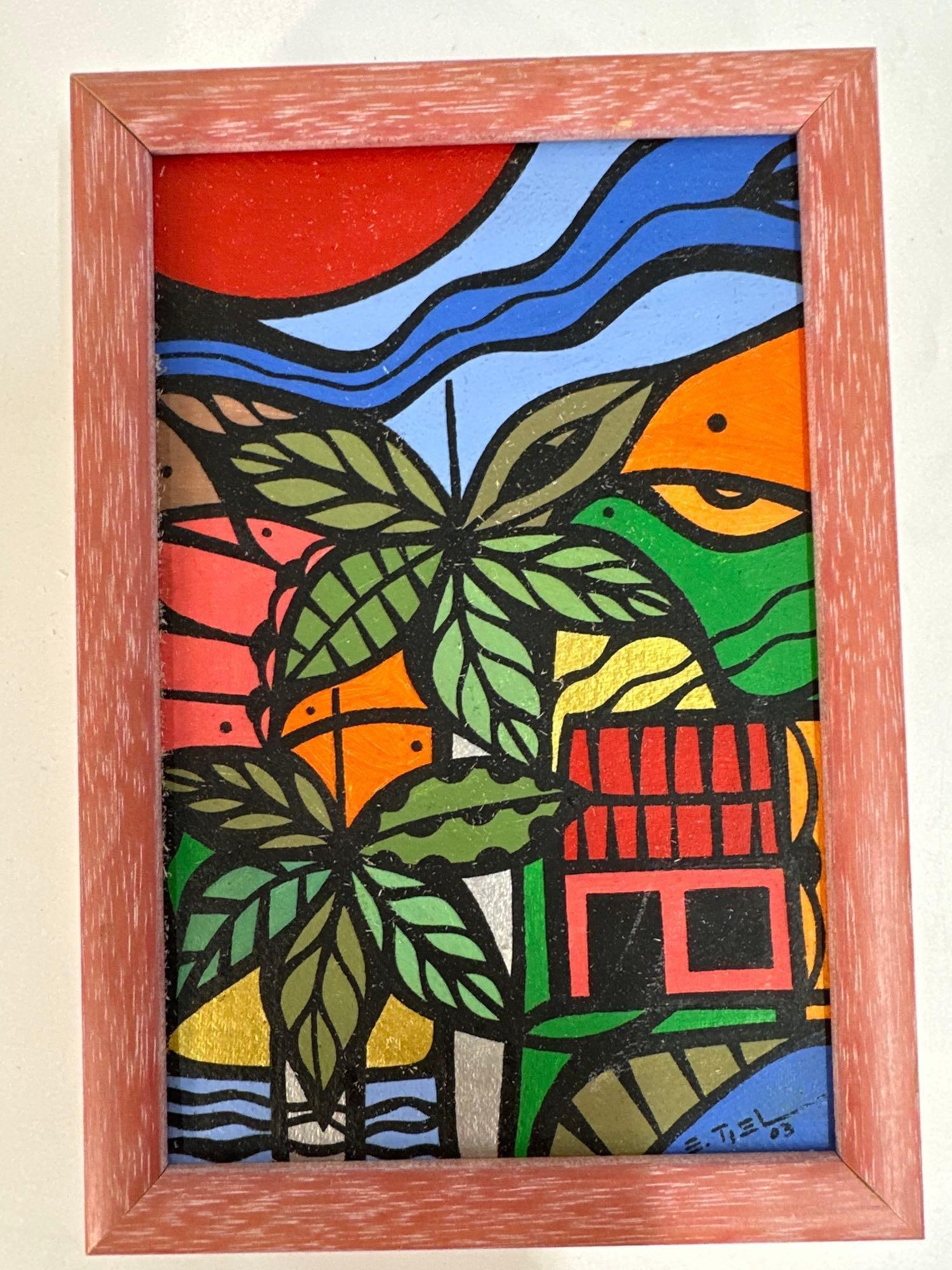 "Tropical Vibes" by Eddy Tiel (Cuban) Acrylic on canvas: This vibrant artwork by Eddy Tiel features a colorful and abstract depiction of a tropical landscape. The piece incorporates bold black outlines and a stained-glass effect, with bright shades of red,