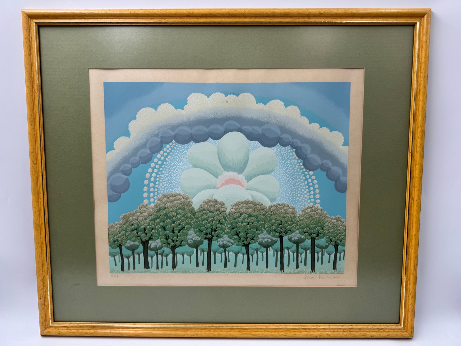 Ivan Rabuzin (Croatia, 1921-2008) Screenprint: Description: Ivan Rabuzin (Croatian, 1921-2008) limited edition print, numbered 14/99. Features a stylized landscape with trees and a large flower-like cloud formation. Framed and glazed. Medium: scre