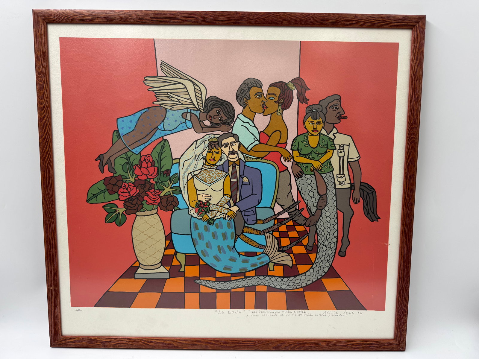"La Boda" by Alicia Leal (Cuba, b.1957) Lithograph: Description: Alicia Leal (Cuban, 20th C.) serigraph titled "La Boda," depicting a wedding scene with surreal elements. Numbered 85/100. Medium: Serigraph Dimensions: H: