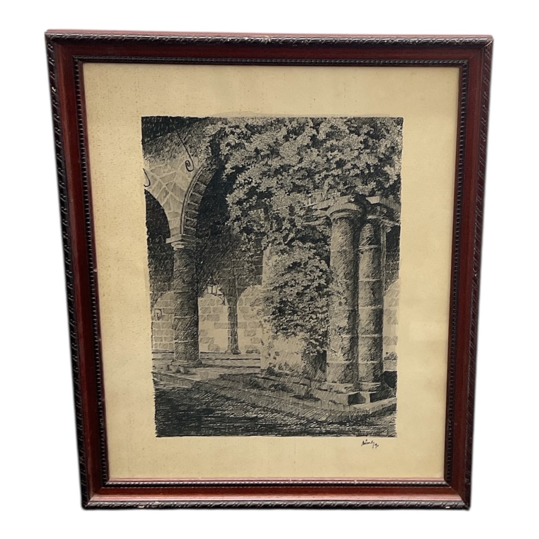 Pencil Signed Etching of an Architectural Courtyard: An original etching on paper depicting the architectural details of a stone 