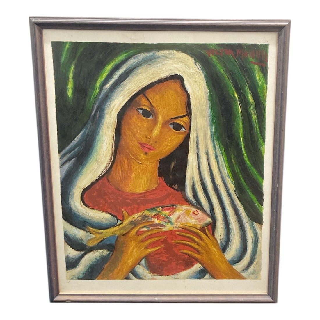 Víctor Manuel: Young Woman with Fish (Muchacha con Peces): This serene and captivating lithograph is a quintessential work by Víctor Manuel García Valdés, the pioneer of modern art in Cuba. Known for