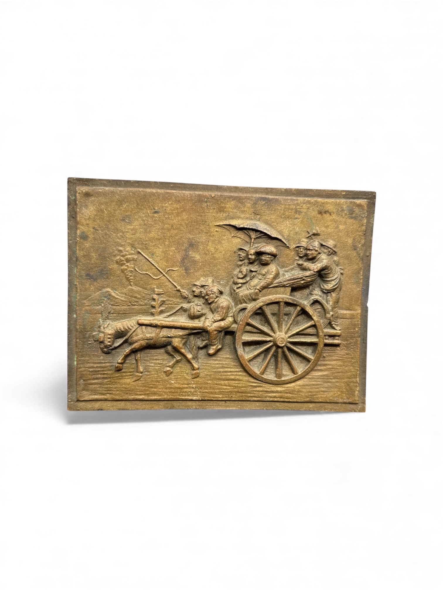 Bronze Relief Plaque of Chariot Scene: Bronze relief plaque depicting a chariot scene with figures and animals. Dimensions: H: 6.5in L: 8.5in
