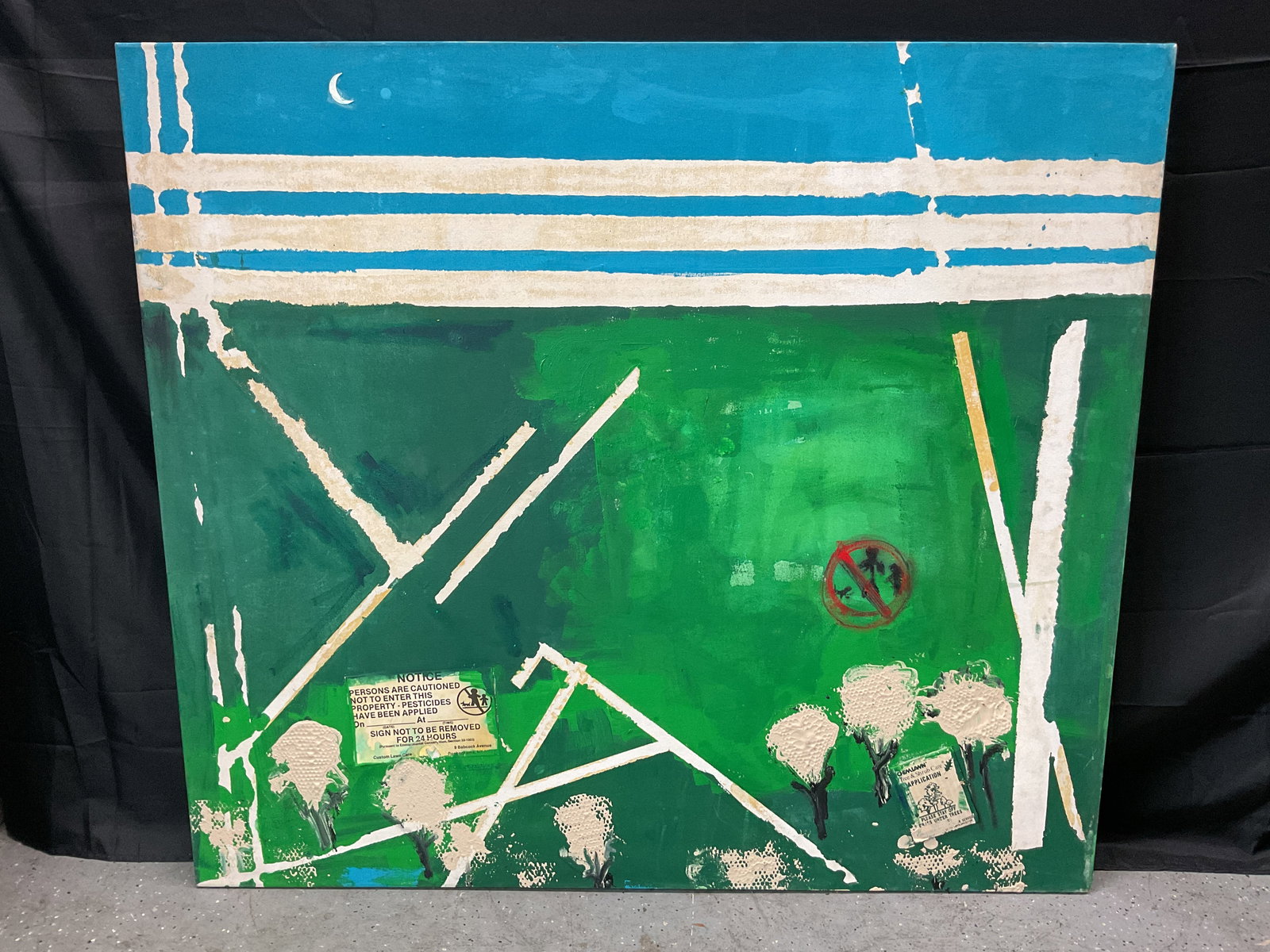 Abstract Mixed Media by Helen Stem(American,1930-2019): Abstract mixed-media painting on canvas, signed "Helen Stem" and dated 1972 on verso. Features a green field with white linear elements, a blue sky with white stripes, and collage elements.
