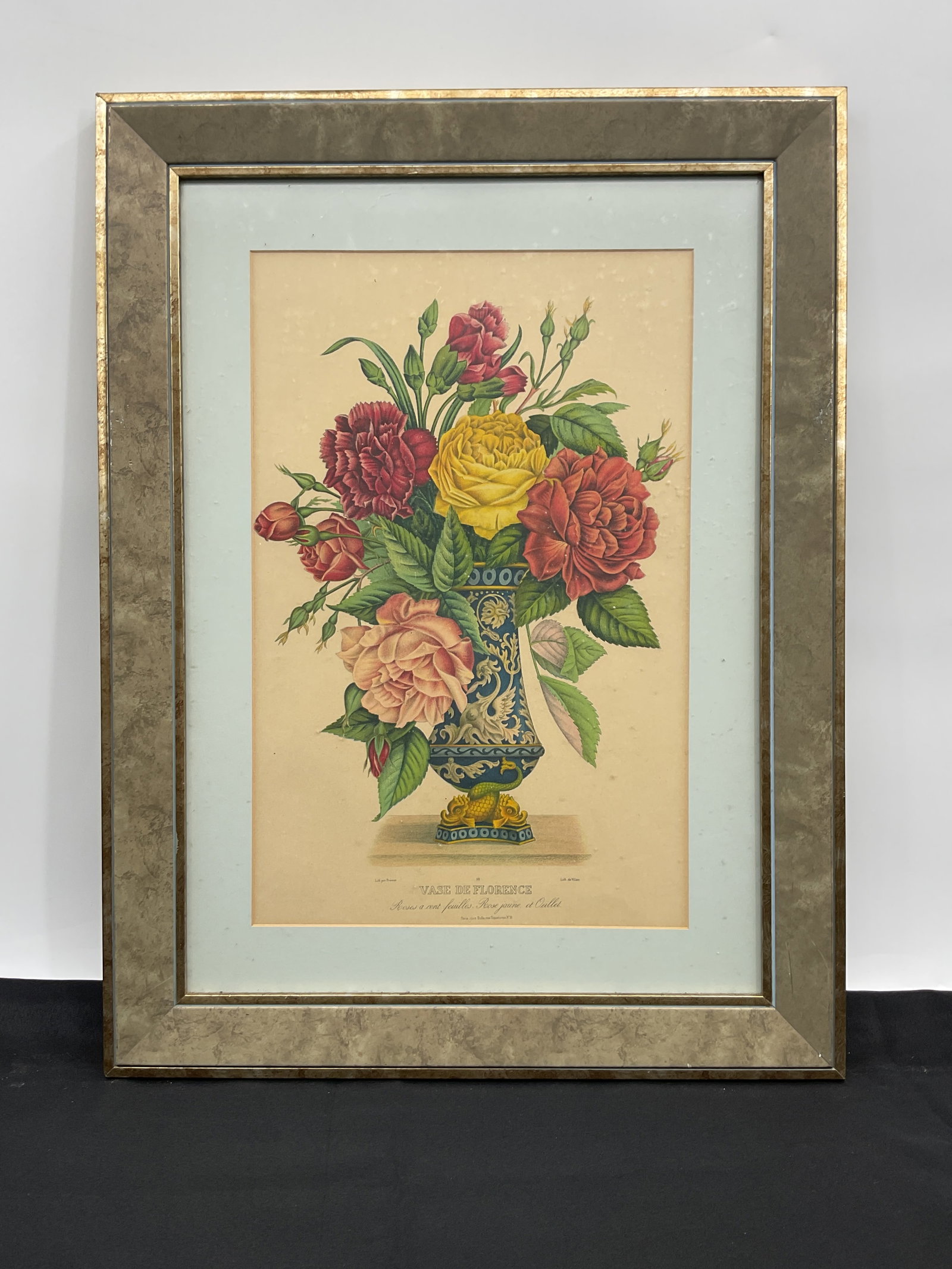 Jean-Louis Prevost Floral Still Life Print: Floral still life print after Jean-Louis Prevost. Depicts a colorful bouquet in a vase. Framed and matted. Dimensions: 25" H x 19" L.
