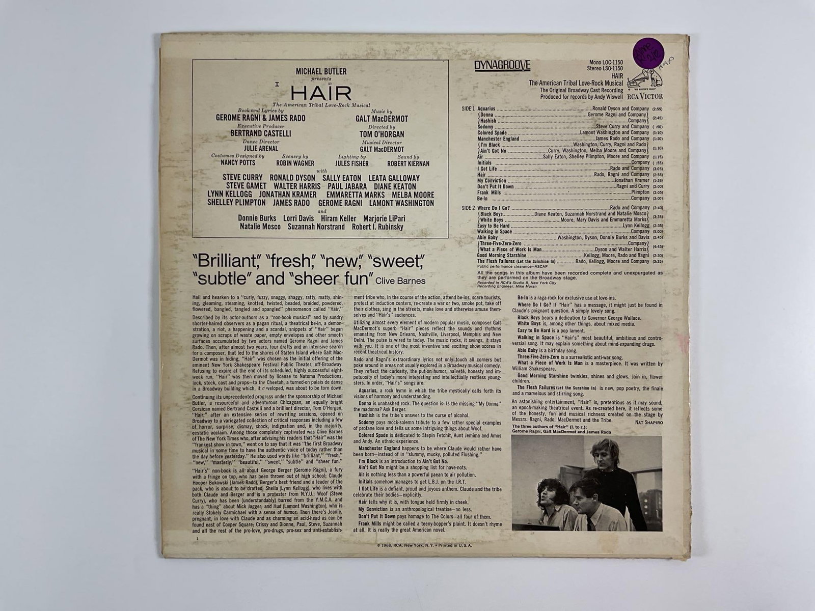 Vinyl Soundtrack from "Hair: The American Tribal Love-Rock Musical.": This is an original vinyl record album of the soundtrack from "Hair: The American Tribal Love-Rock Musical." "Hair" is a counterculture rock musical that debuted in 1967 and became