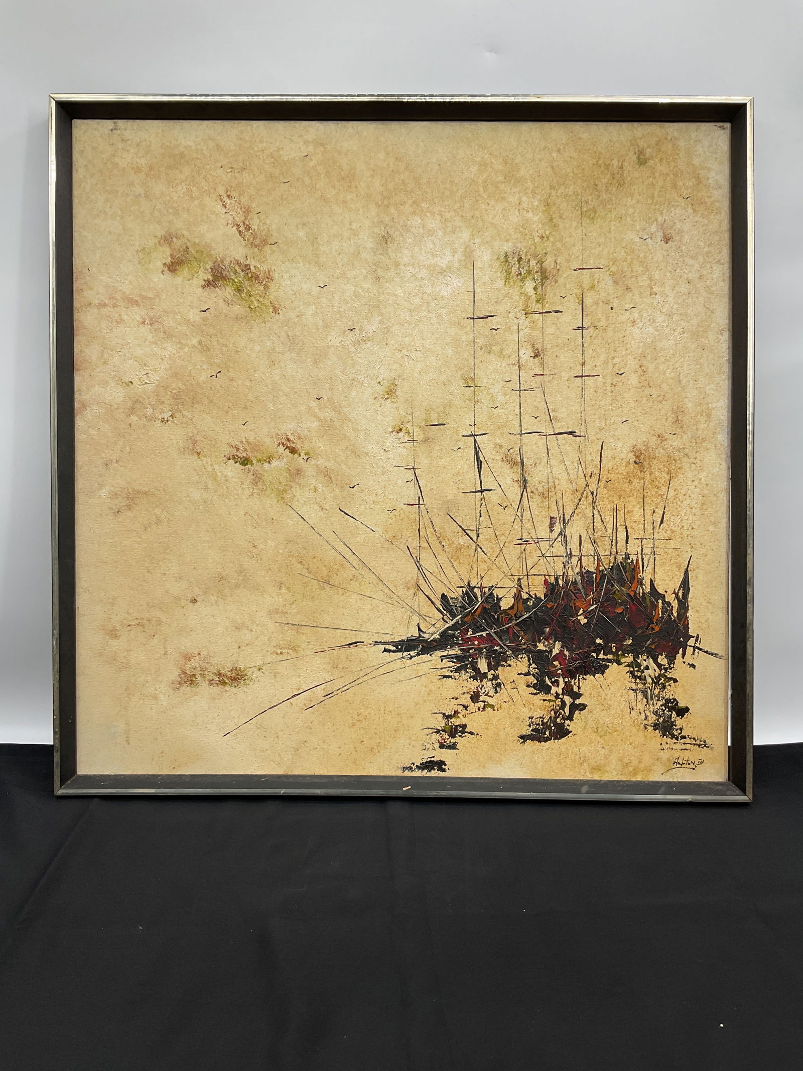 Abstract Painting of Ships, Signed: Abstract painting depicting ships at sea. Signed illegibly in the lower right. Framed. Dimensions: 31 x 31 inches.