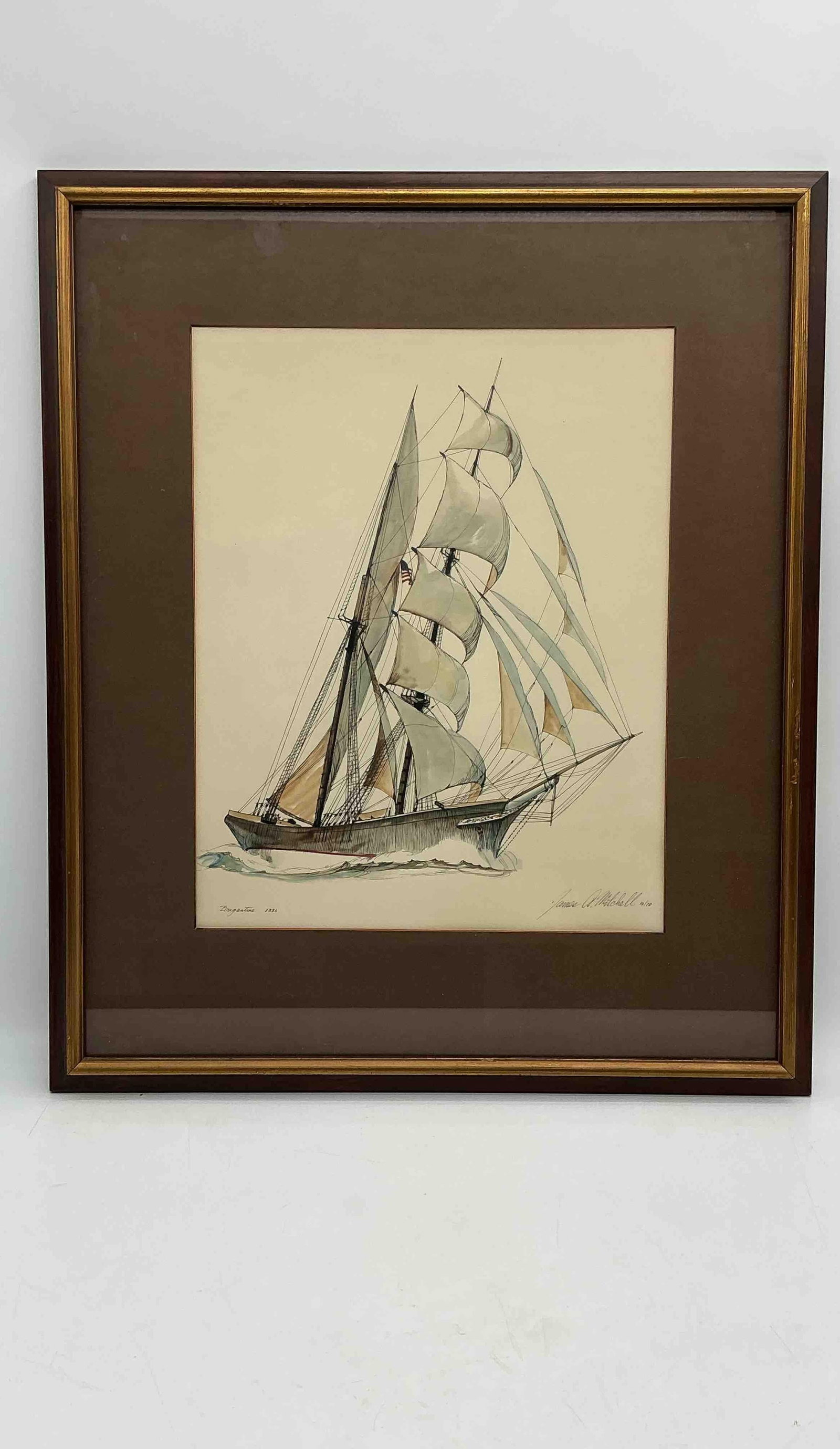 "Sailing Ship" by James A. Mitchell: Detailed illustration of a sailing vessel in full sail, featuring intricate rigging and soft watercolor accents.Medium: Ink and watercolor on paper Dimensions: H26in L22in