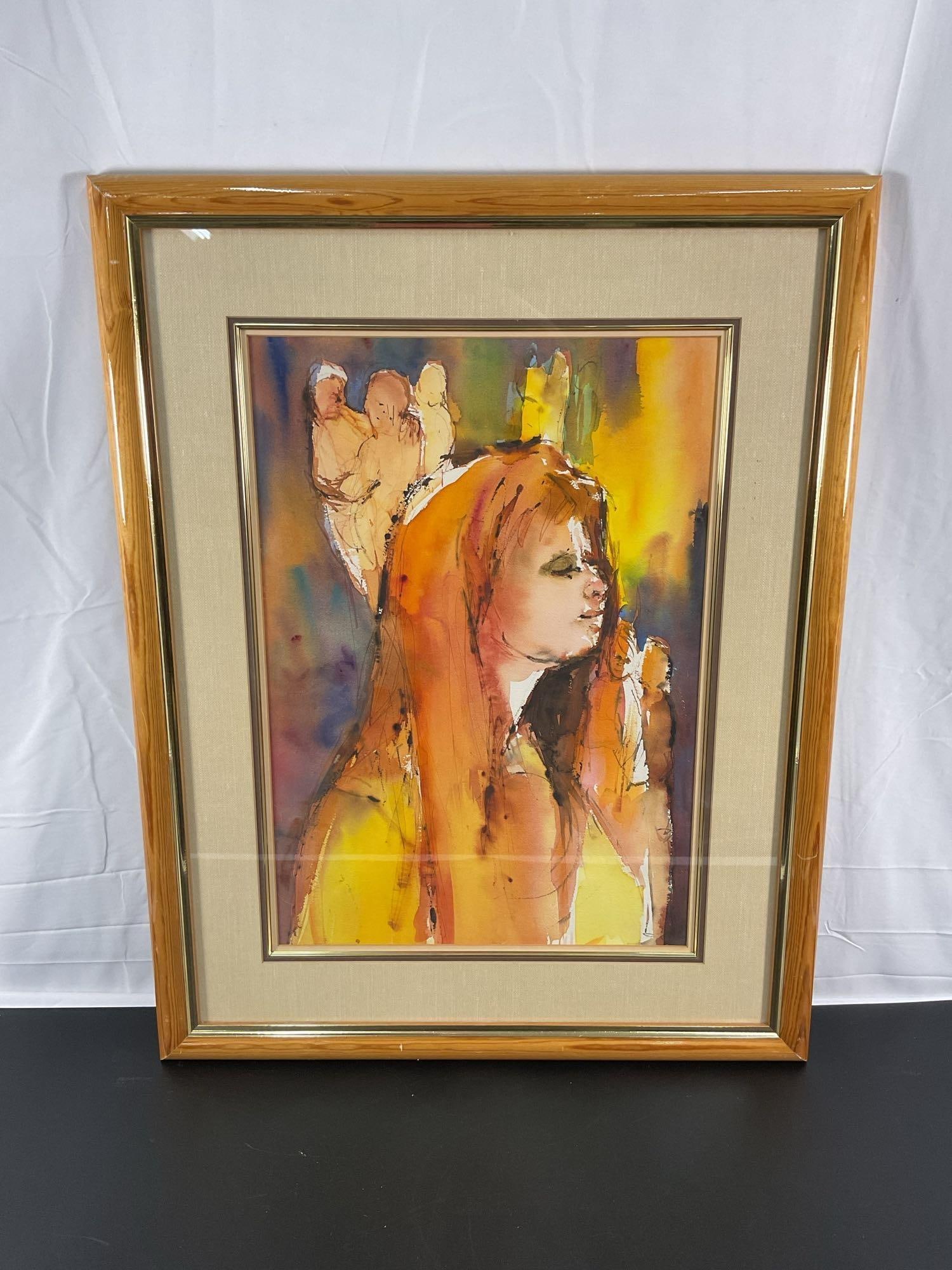 Expressive Portrait of a Woman in Warm Tones: This framed painting features an expressive portrait of a woman draped in a vibrant, earth-toned shawl. The artist employs a loose, impressionistic style with bold brushstrokes and a rich palette of w