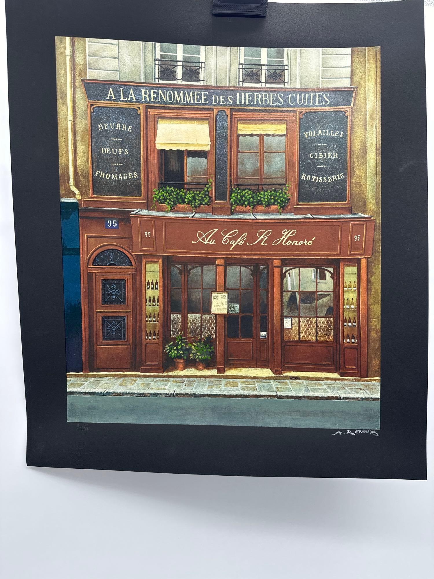 Andre Renoux Cafe St. Honore Hand Signed Numbered Serigraph ART: Realistic image of a traditional French shopfront with signage reading L'Artisan ParfumeurArtist: Andre RenouxTitle: Cafe St. HonoreMedium: Serigraph<