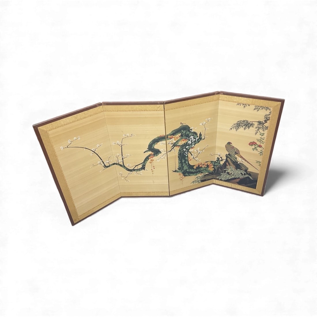 Antique Japanese Folding Table Screen – Birds and Blossoms: Description: A beautifully painted panel folding table screen featuring a traditional Japanese nature scene with perched birds, flowering branches, and soft natural tones. The reverse side shows an or