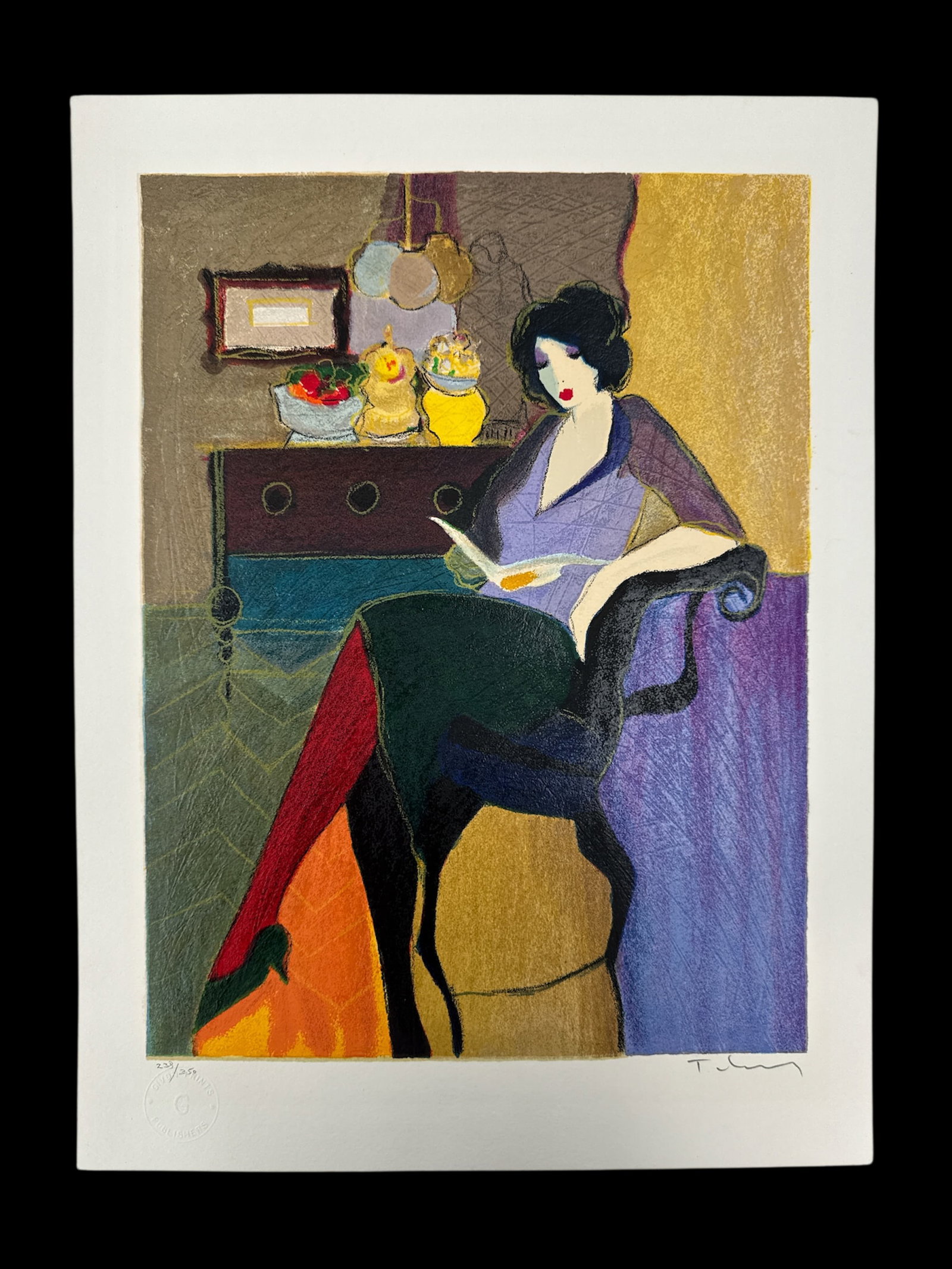 "Intermezzo" Itzchak Tarkay (Yugoslavian/Hungarian 1935-2012) Serigraph: -Ltd edition serigraph Givon Publishing -hand signed & Numbered - Catalogue raisonne 1986-1994 numbered 233/350 lower left. Medium: serigraph Dimensions: H: 19 in, W: 14 in.