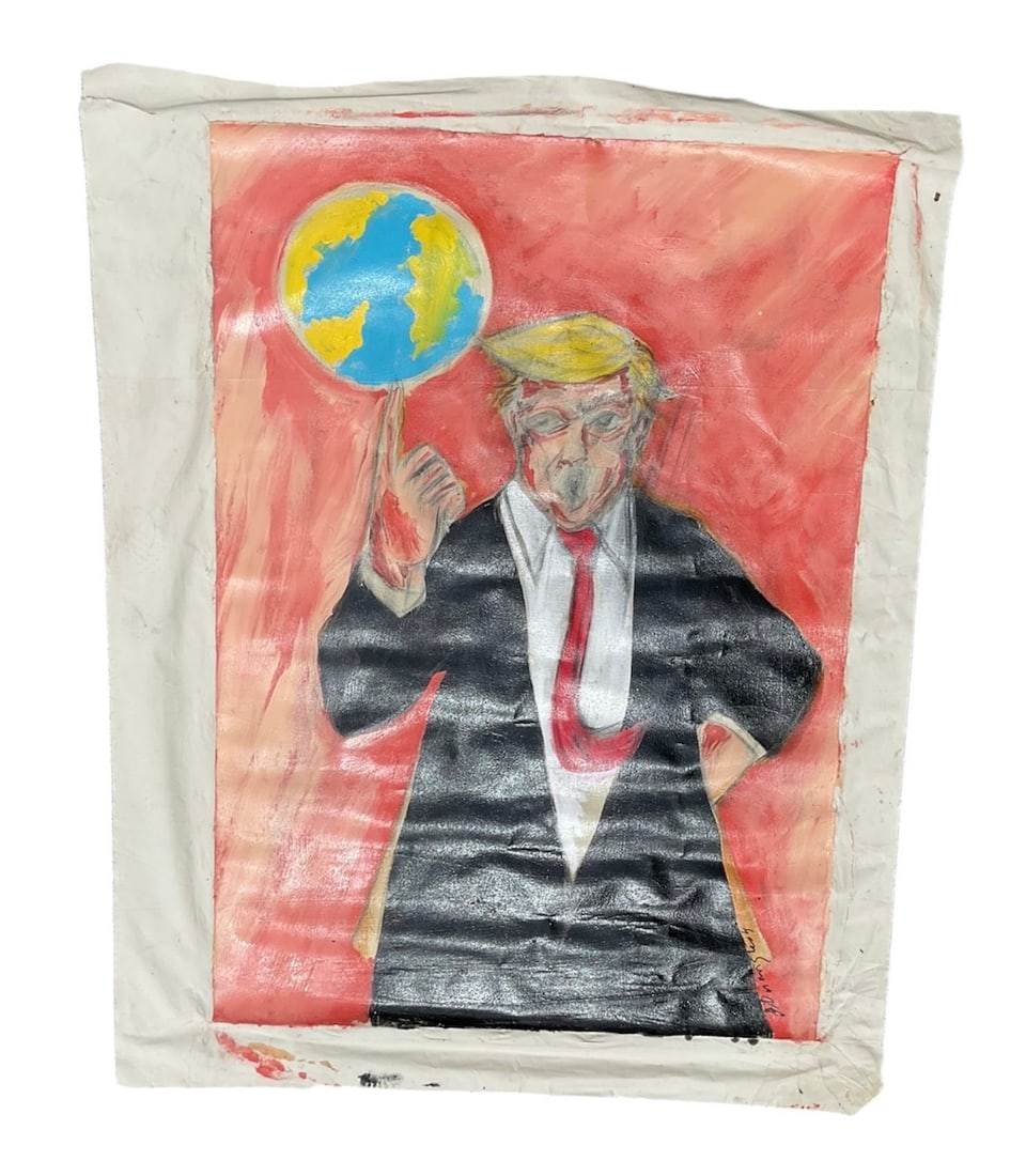 "Trump" by Jesus Desangels (Dominican Republic, b.1961) Mixed Media on Canvas: This mixed media work on canvas by Dominican artist Jesus Desangels depicts a stylized portrait of Donald Trump against a vibrant red background. The figure is rendered with expressive, heavy brushwor