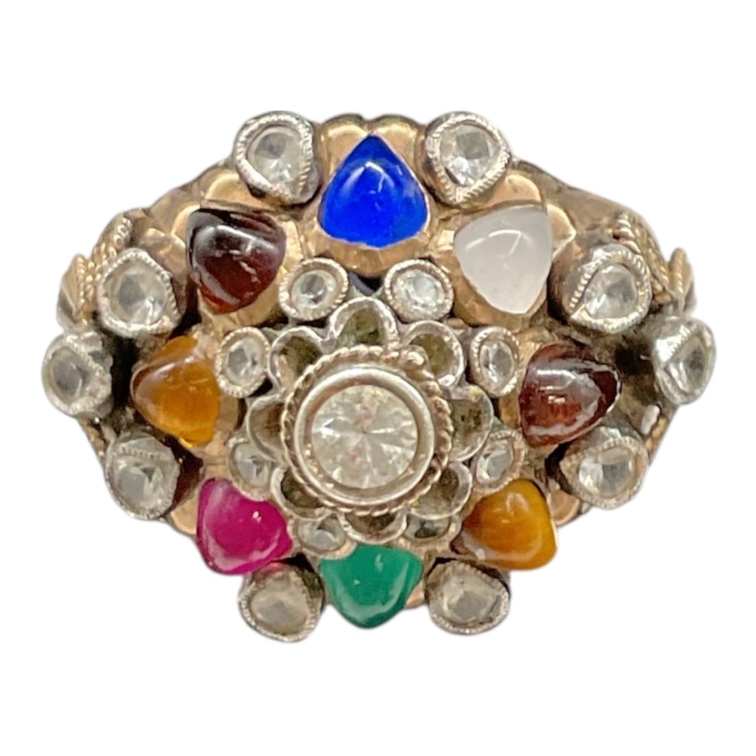 Thai Princess Ring 10kt Gold with Diamonds and Gemstones.: A striking Thai Princess-style ring crafted in 10K gold, featuring an ornate tiered design reminiscent of traditional Southeast Asian royal jewelry. The ring is set with a combination of small di