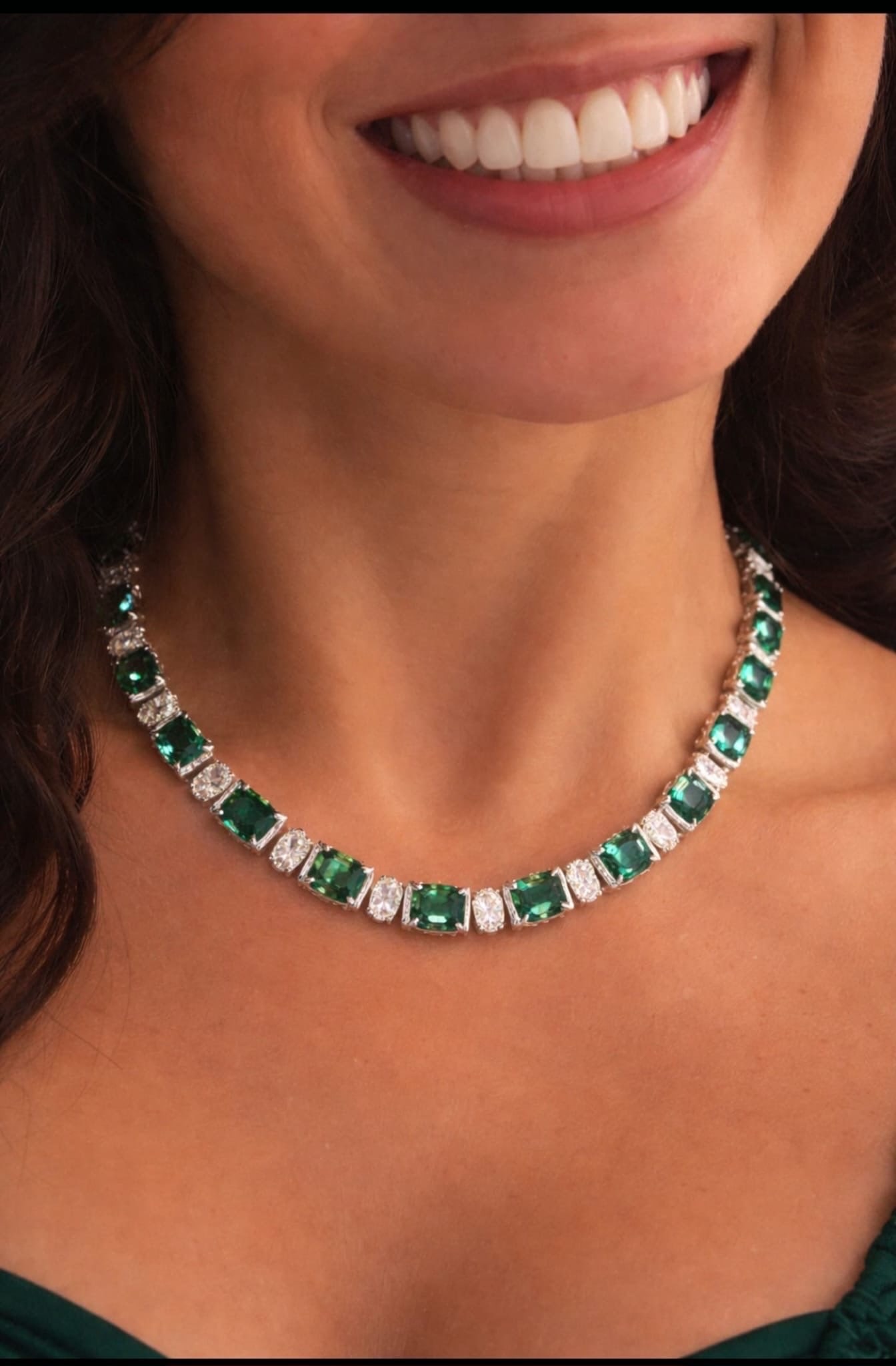 Oscar Friedman Platinum Natural Beryl Emerald and Diamond Necklace with GGA: Elegant Oscar Friedman necklace showcasing a refined and timeless design, set with alternating octagonal step-cut natural emerald beryl gemstones and brilliant cut diamond, mounted in platinum.