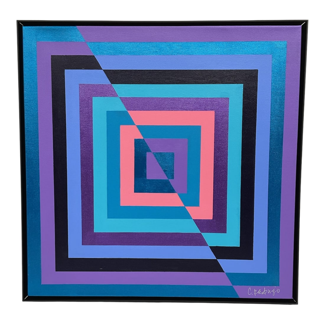 “Caribbean?? by Camilo Requejo (Mexican/American, b.1976) Geometric Abstract Painting, 2025: Original geometric abstract painting titled Caribbean by contemporary artist Camilo Requejo, dated 2025. The composition features a series of nested square forms rendered in vibrant bands o
