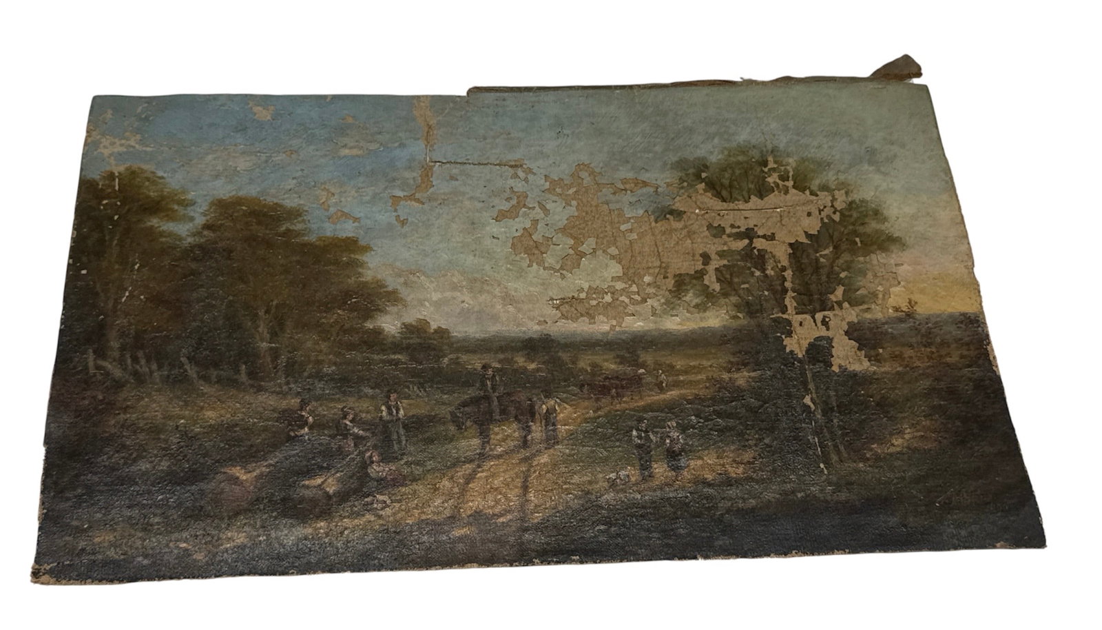 "Rural Landscape with Figures and Horseman" by Unknown Artist (Europe, 19th Century) Oil on Canvas: his 19th-century European oil painting depicts an expansive pastoral scene bustling with rural life. The composition features a central figure on horseback traversing a dirt path, flanked by groups of