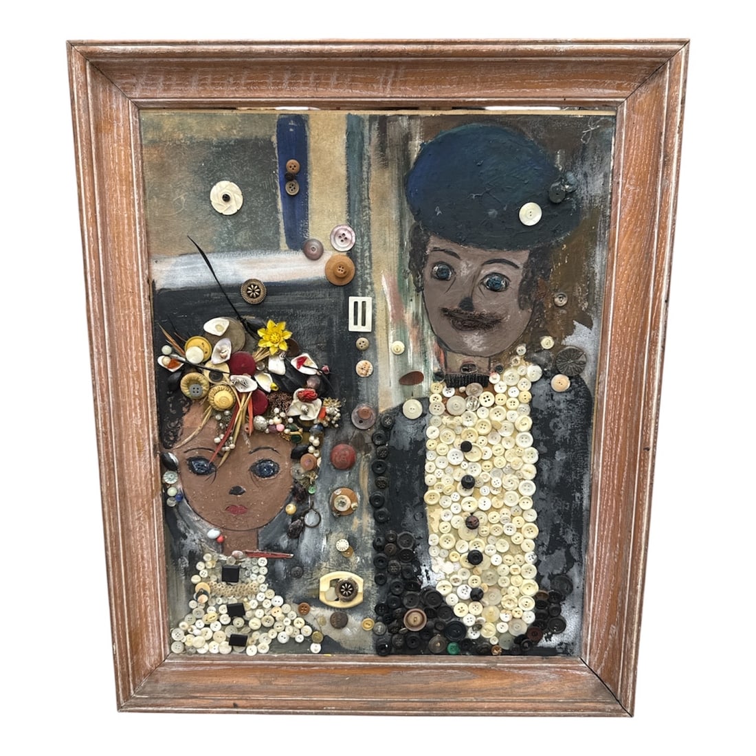 Unknown Artist (20th Century) Mixed Media and Assemblage: This evocative mixed media assemblage features a stylized portrait of a man and a woman, rendered in a charmingly naive, outsider art aesthetic. The artist utilizes a sophisticated "found object&