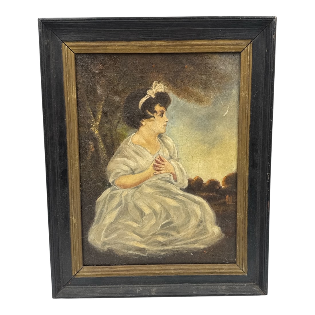 Spanish School Portrait of a Young Girl in White Dress: Oil on canvas portrait depicting