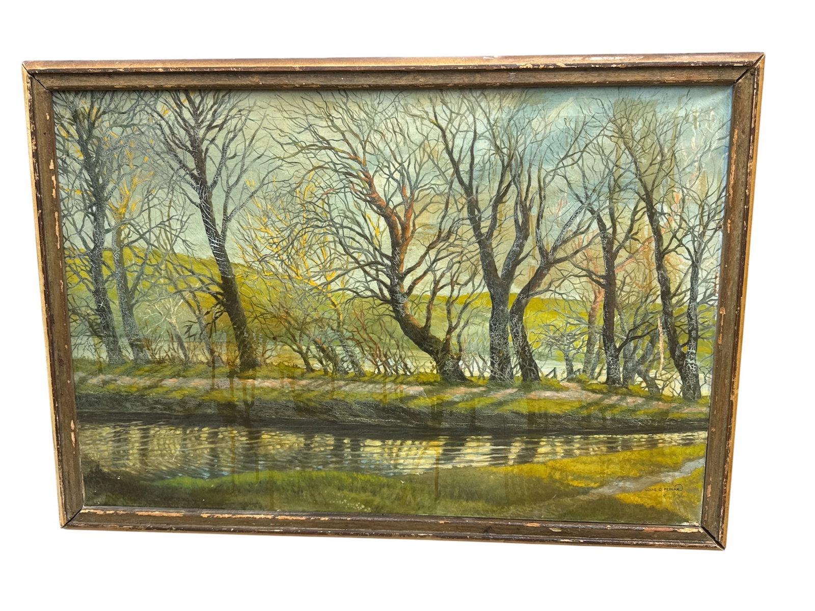 "River Through the Trees" by Louis C. Pedlar (United States, 1884-1956) Oil on Canvas: This expansive landscape by American artist Louis C. Pedlar captures a serene riverside scene, defined by a row of slender, bare trees lining the water's edge. The composition utilizes a low-angle
