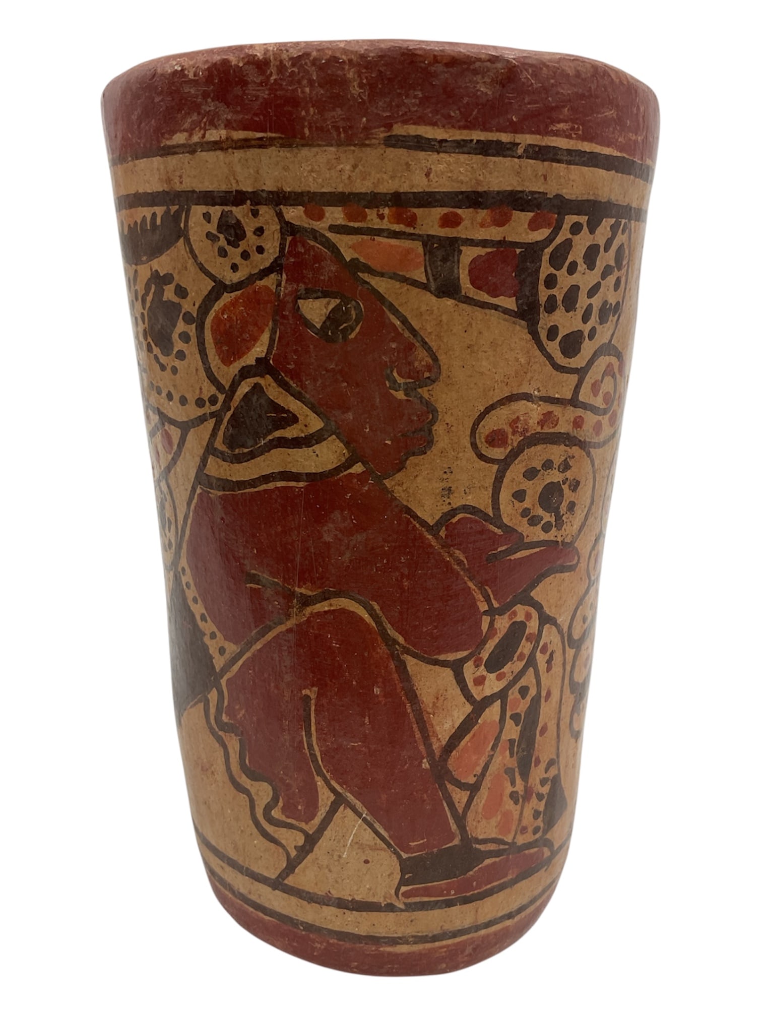 Pre-Columbian Maya Polychrome Cylinder Vase, Ecuador, c. 600-900 CE: Hand-coiled ceramic cylinder vase with a slightly tapered form and flat base. The vessel is decorated in a traditional polychrome slip with a central narrative scene featuring stylized anthropomorphic