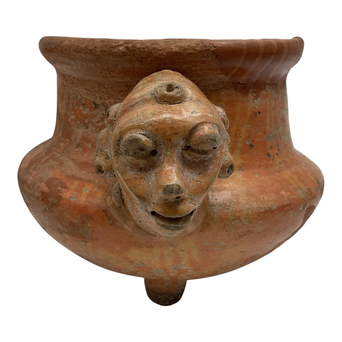 Pre-Columbian Polychrome Zoomorphic Effigy Jar, Guatemala, c. 500-1500 CE: Hand-modeled terracotta effigy vessel depicting a crouching zoomorphic figure, possibly a toad or stylized reptile. The vessel features a rounded, bulbous body with four short legs and a wide, flared