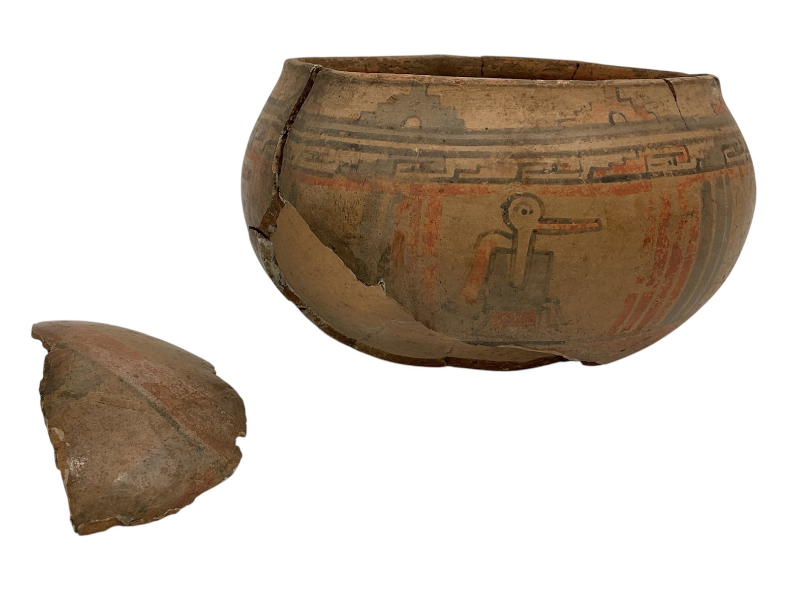 Pre-Columbian Gran Coclé Polychrome Ceramic Bowl, Panama, c. 1000-1500 CE: Hand-coiled ceramic vessel from the Gran Cocle culture of Panama. The rounded body features a slightly inverted rim decorated with a polychrome slip. The exterior is divided into registers, showcasing