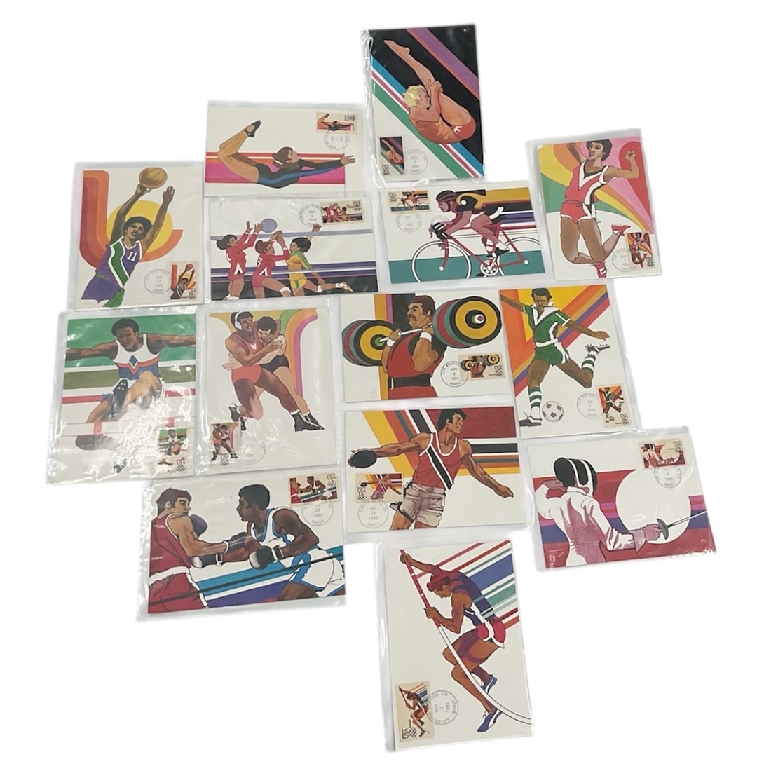 1984 Summer Olympics First Day Cover Postcard Collection: Collection of vintage 1984 Summer Olympics postcards issued as First Day Covers, each featuring colorful stylized illustrations of various Olympic sports. These cards include official postage stamps a