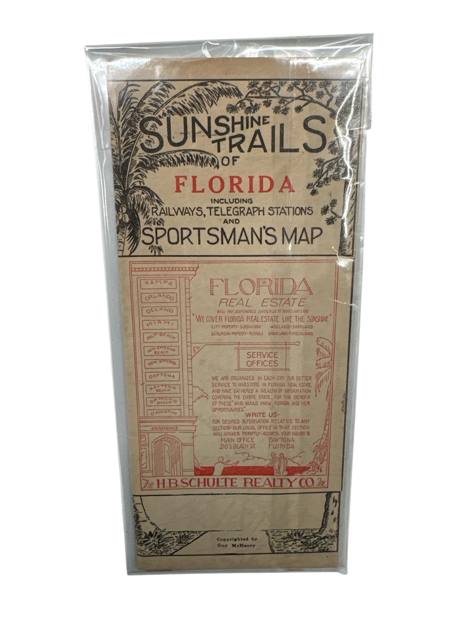 Sunshine Trails of Florida Railroad & Sportsman Map H.B. Schulte Realty Co.: Vintage Florida map titled “Sunshine Trails of Florida,” illustrating an extensive network of railways, highways, telegraph and express stations, and trave