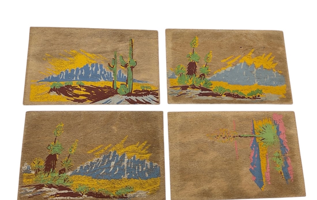 Set of 4 Hand Painted Yucca Wood Postcards with Desert Scenes: Unique set of four vintage postcards crafted on natural yucca wood, each featuring hand painted desert landscapes. The scenes depict stylized Southwestern imagery including cacti, mountains, and