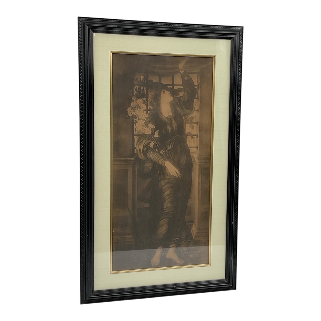 "Hope" after Sir Edward Burne-Jones (British, 1833-1898) Large Framed Print: This vintage framed print captures "Hope," a celebrated allegorical work by Sir Edward Burne-Jones. The image features a slender, robed figure standing in a confined, prison-like architectur