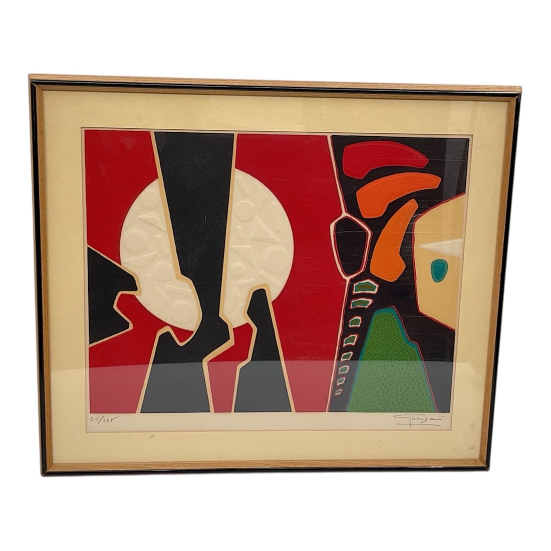 "Abstract Composition" by Antonio Guansé (Spanish, 1926-2008) Embossed Lithograph: This vintage mid-century modern abstract lithograph by Spanish artist Antonio Guansé features a bold, high-contrast composition. The work is characterized by a vibrant crimson field bisected by