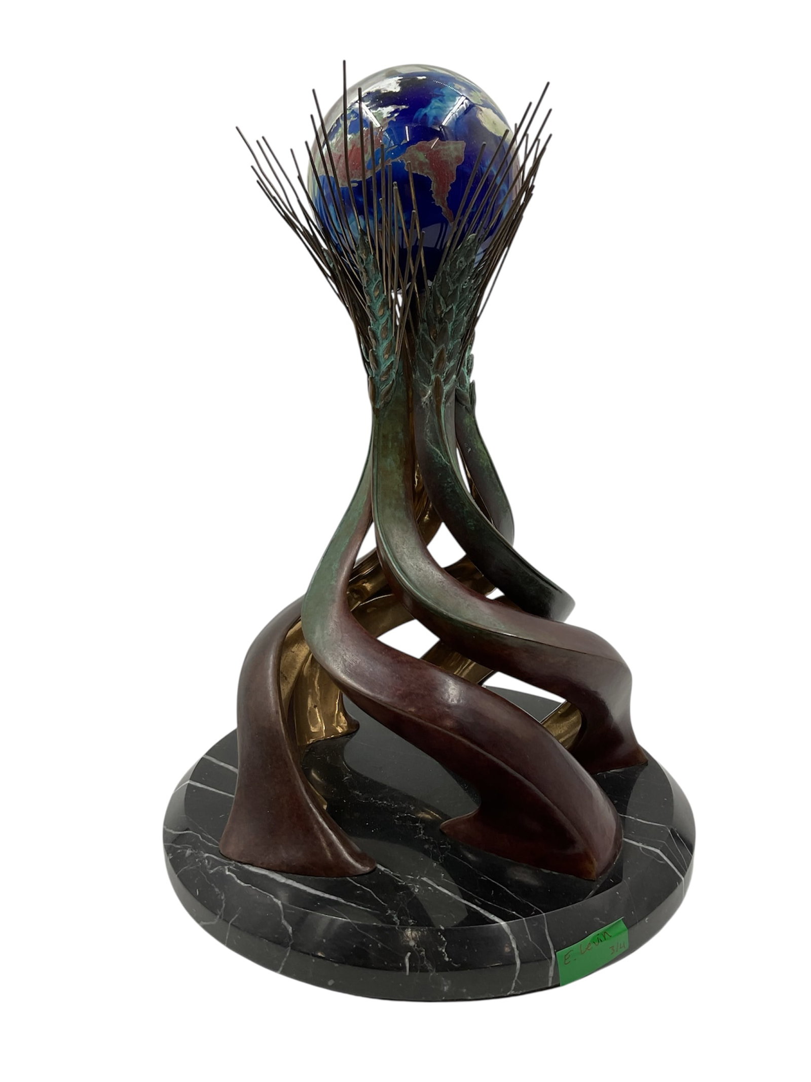 Brett Livingstone STRONG: Sculpture AP 76/300: Striking contemporary sculptural piece featuring a glass globe with etched world continents held within a dynamic bronze structure of flowing, organic forms. The sculpture rises upward from a polished