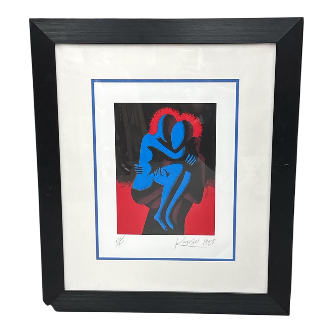 Heartshare by Mark Kostabi 1993 Signed Limited Edition Serigraph: Color serigraph titled Heartshare by contemporary American artist Mark Kostabi. The composition features Kostabi’s recognizable faceless figures rendered in bold blue tones against a red and bla