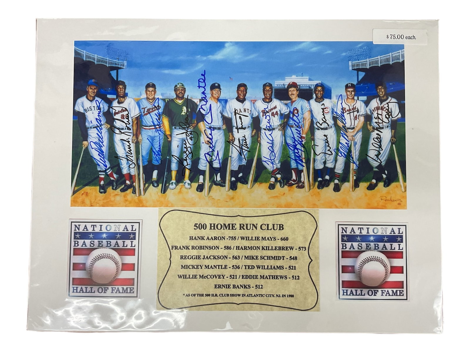 500 Home Run Club Multi-Signed Print with Certificate of Authenticity: Decorative baseball memorabilia print featuring members of the legendary 500 Home Run Club, depicting some of the greatest sluggers in Major League Baseball history standing together on the field. The