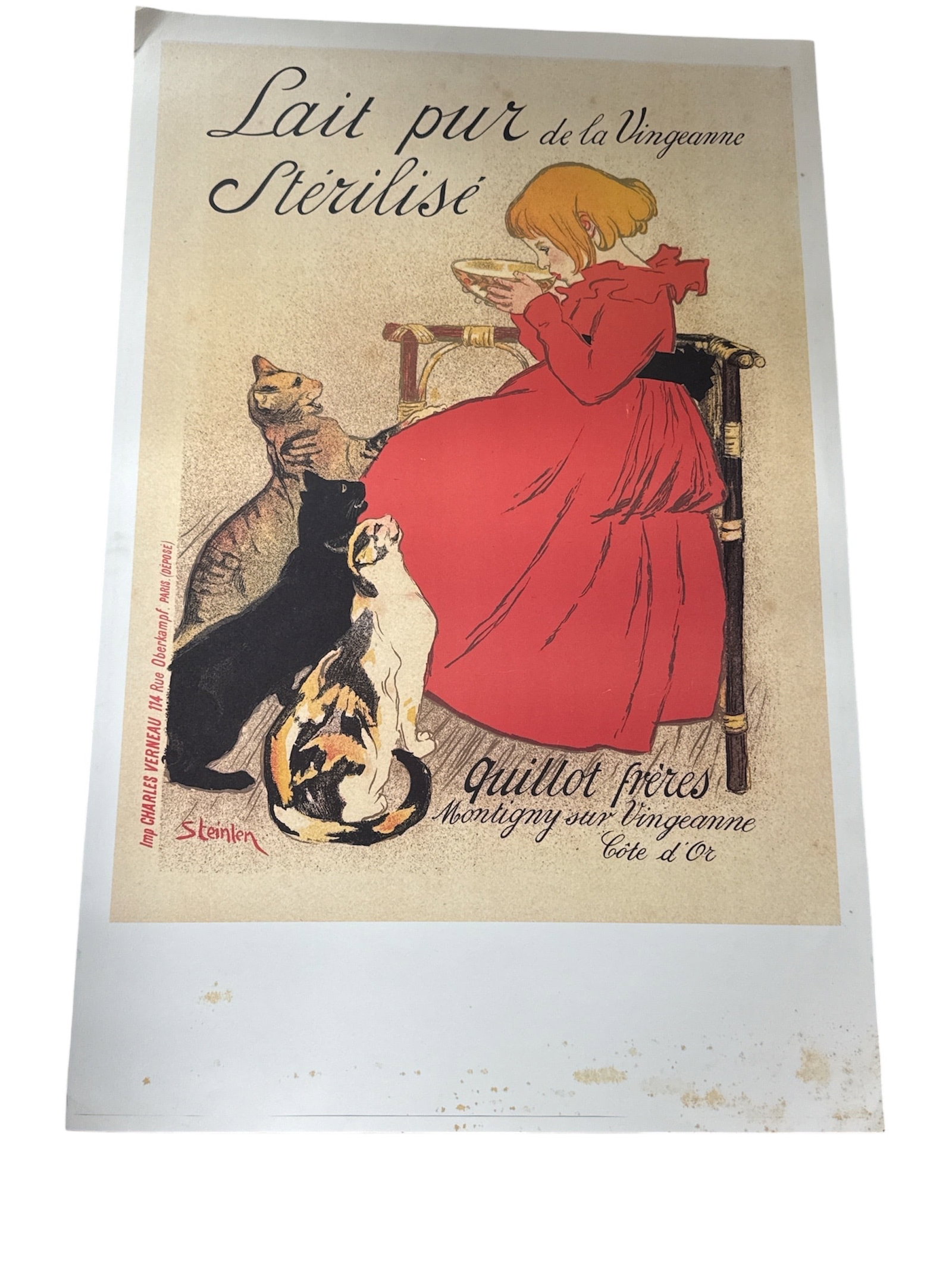 Lait Pur de la Vingeanne Stérilisé after Théophile-Alexandre Steinlen (1859–1923) French: Decorative French advertising poster titled Lait Pur de la Vingeanne Stérilisé, originally designed by noted French artist Théophile-Alexandre Steinlen i