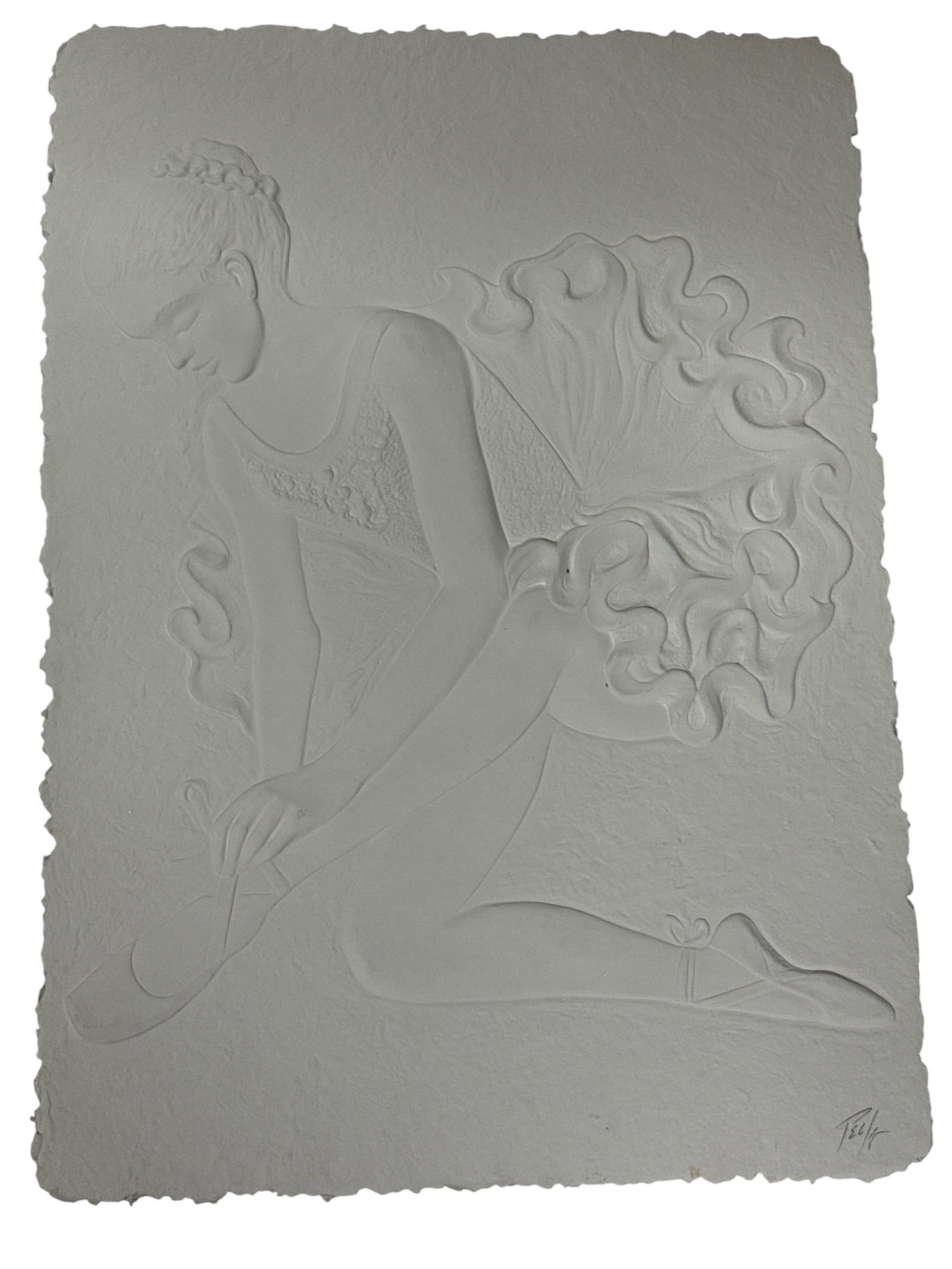 "Ballerina" by Roberta Peck (United States, B.1947) Cast paper relief sculpture: This striking cast paper relief sculpture by American artist Roberta Peck captures the elegant form of a dancer in a moment of preparation. Known for her innovative hand-casting methods developed alon