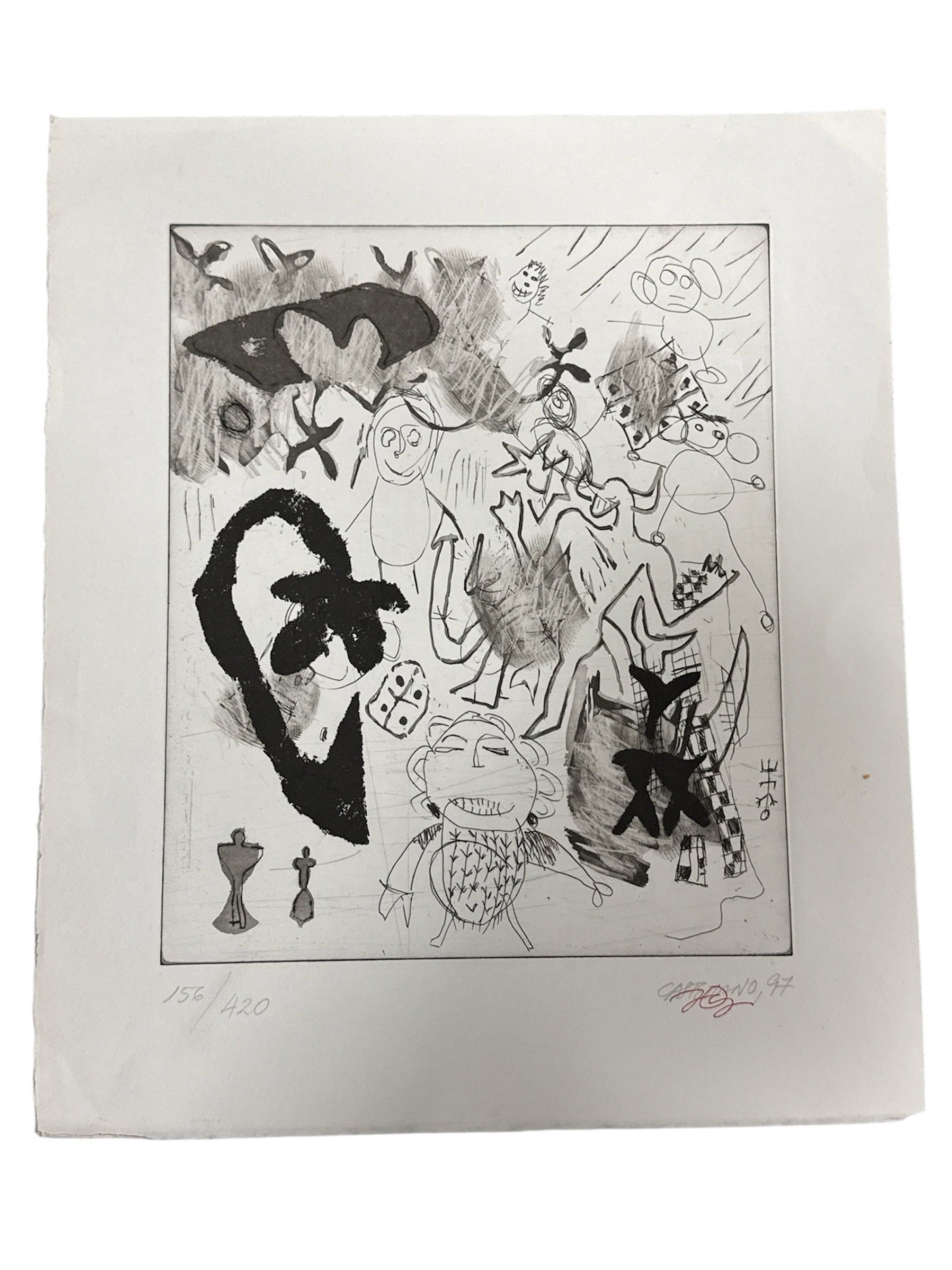 "Untitled" by Humberto Castro (Cuba, B.1957) Etching: This limited edition etching by contemporary Cuban artist Humberto Castro showcases his signature neo-figurative style, characterized by a complex web of expressive, gestural lines and anthropomorphic