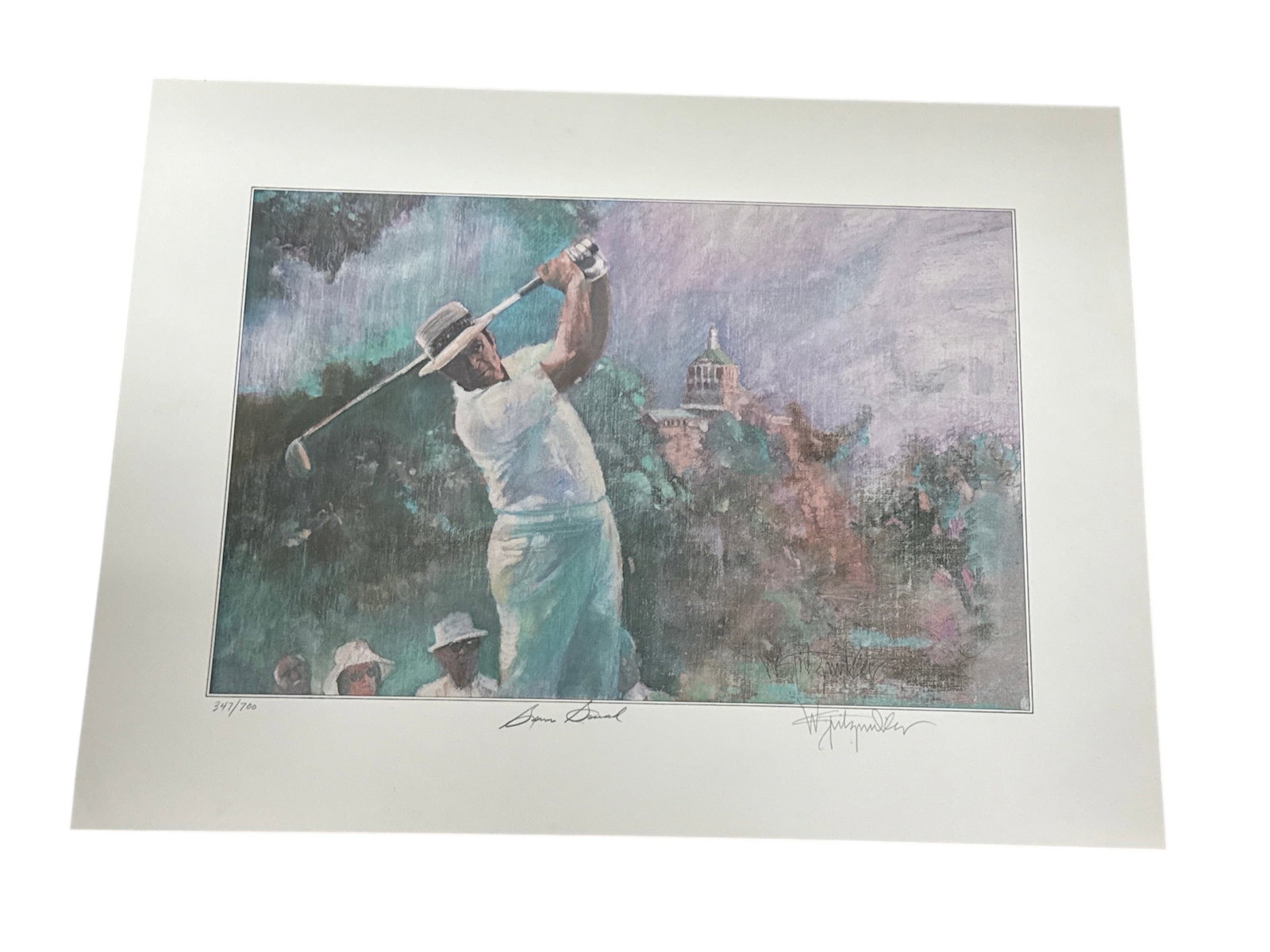 "Sam Snead at Augusta" by Walt Spitzmiller (United States, B.1944) Lithograph on paper: This limited edition lithograph features legendary golfer Sam Snead executing a swing, set against the backdrop of the iconic Augusta National clubhouse. The work is rendered in the signature impressi