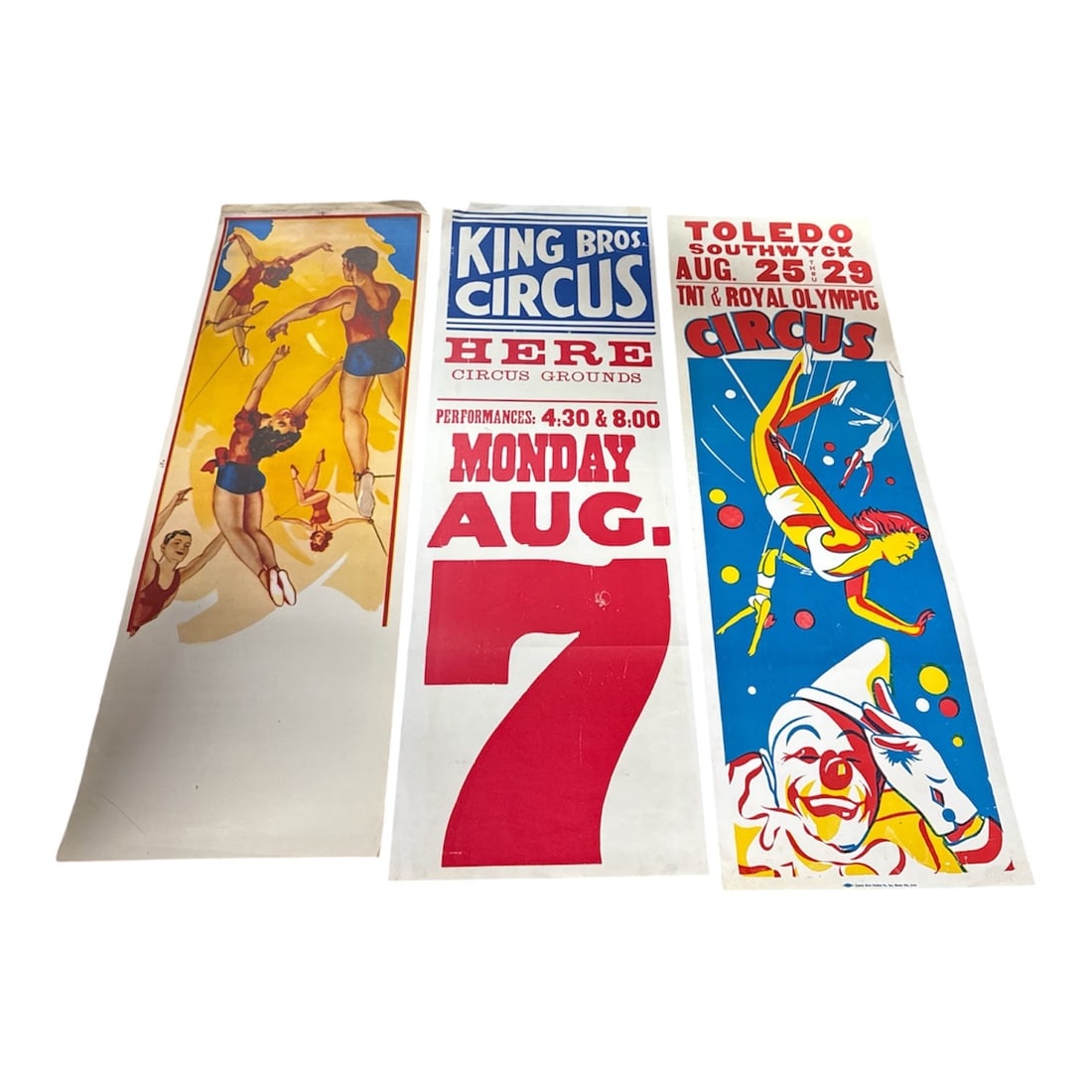 "King Bros. Circus," "Toledo Southwyck Royal Olympic Circus," and "Circus Acrobats" (USA, ca.: This collection consists of three original vertical "panel" posters used for mid-century circus promotion. The first panel (left) is a classic "stock" lithograph depicting a troupe