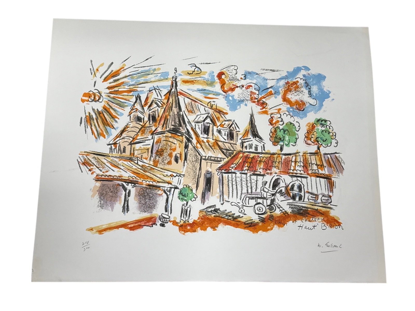 "Chateau Haut Brion" by Wayne Ensrud (American, B.1934) Signed and Numbered Lithograph: DescriptionThis 1979 lithograph by Wayne Ensrud depicts the historic Chateau Haut-Brion in a vibrant, expressionistic style. The composition features the architectural silhouettes of the estate&