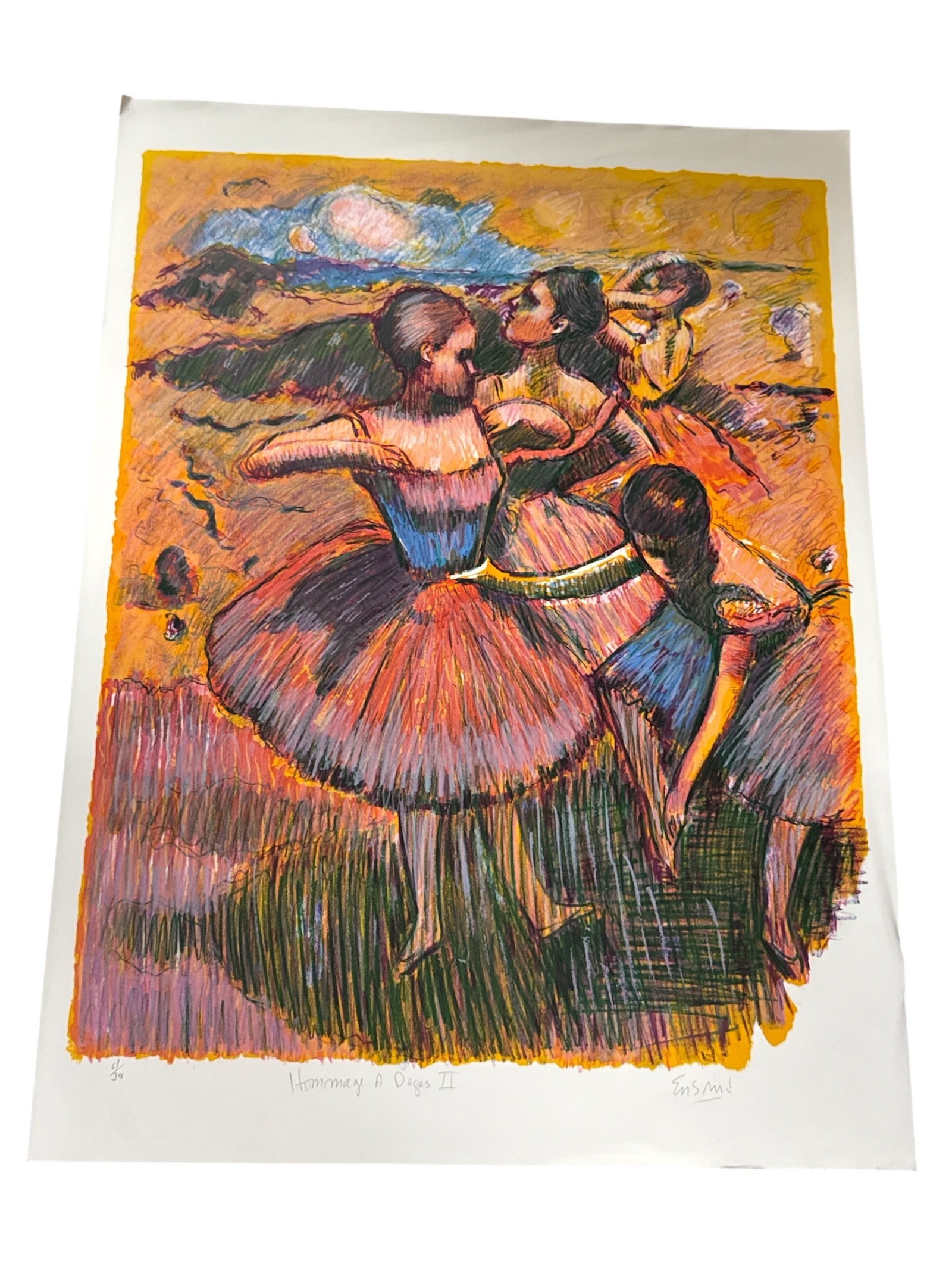 "Hommage to Degas" by Wayne Ensrud (American, B.1934) Hand-Signed Lithograph: DescriptionThis hand-signed lithograph, titled as an homage to the French Impressionist Edgar Degas, features a reclining female figure in a moment of repose. The subject is depicted in a coral-