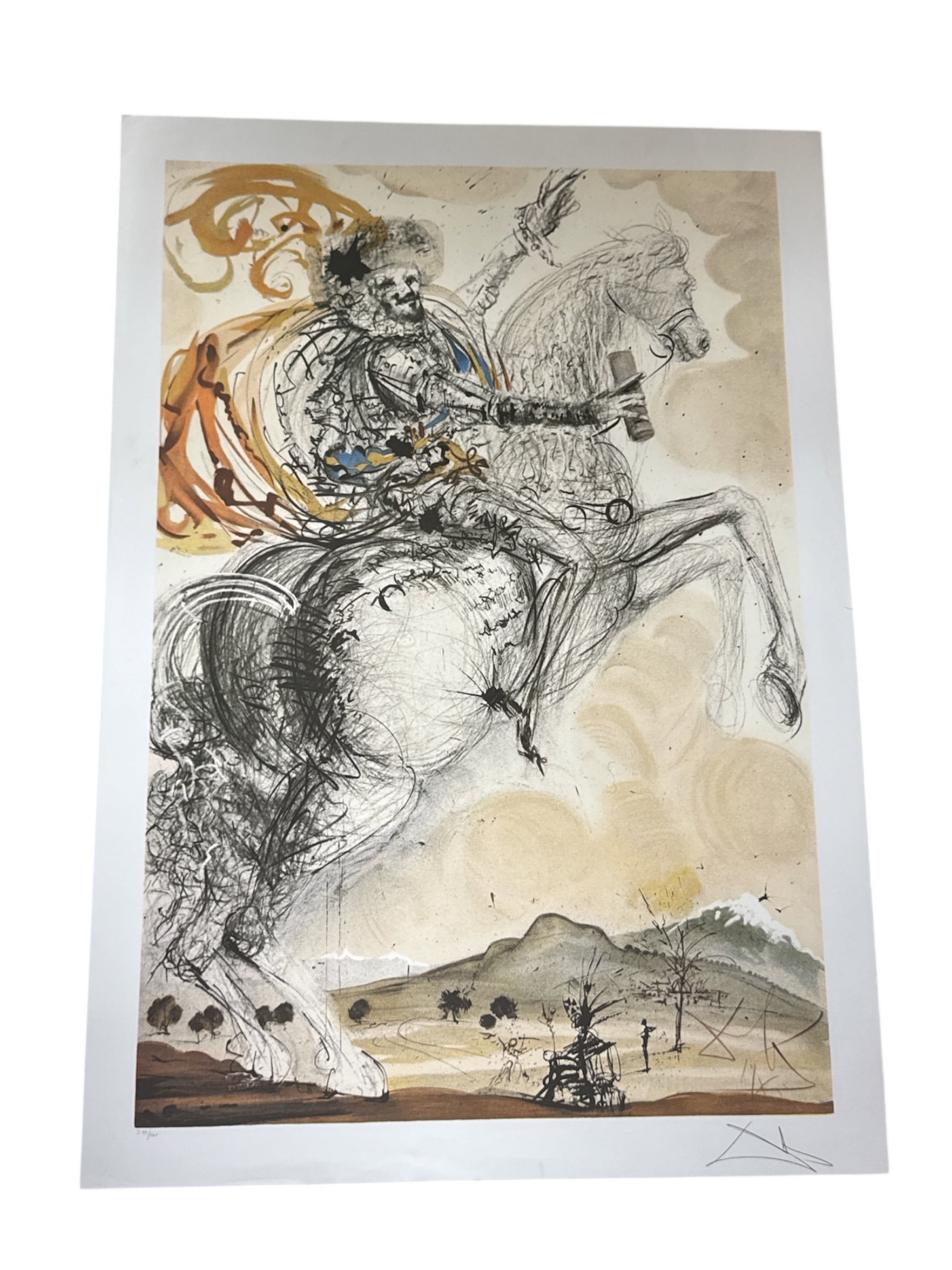 “Don Quixote?? after Salvador Dalí (Spain, 1904–1989) Limited Edition Lithograph: A dramatic and highly expressive surrealist composition depicting Don Quixote mounted on horseback, rendered in the distinctive style of Salvador Dalí. The figure is illustrated with energetic,